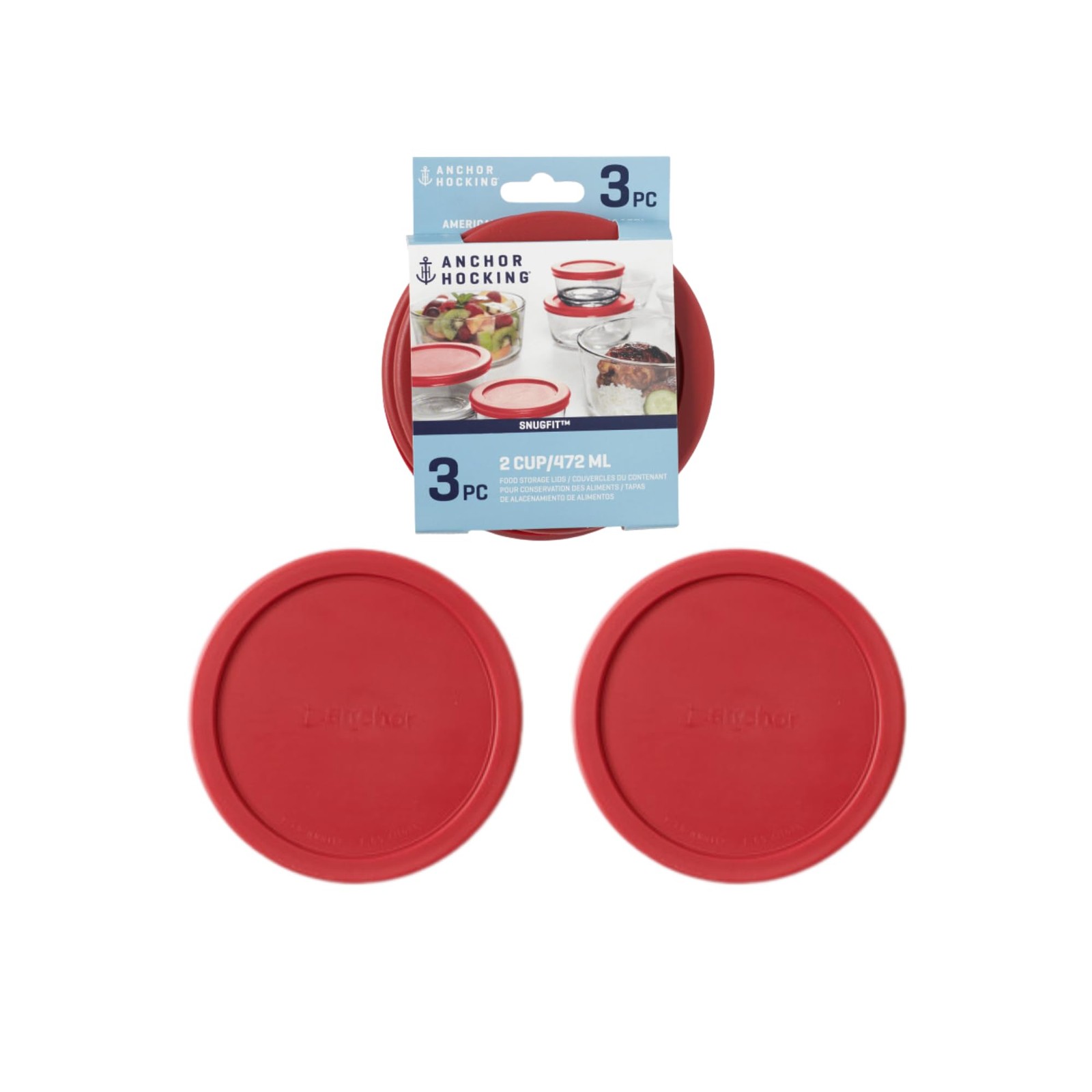 Anchor Hocking Classic Round Food Storage SnugFit 2 Cup Lid (set of 3), Red