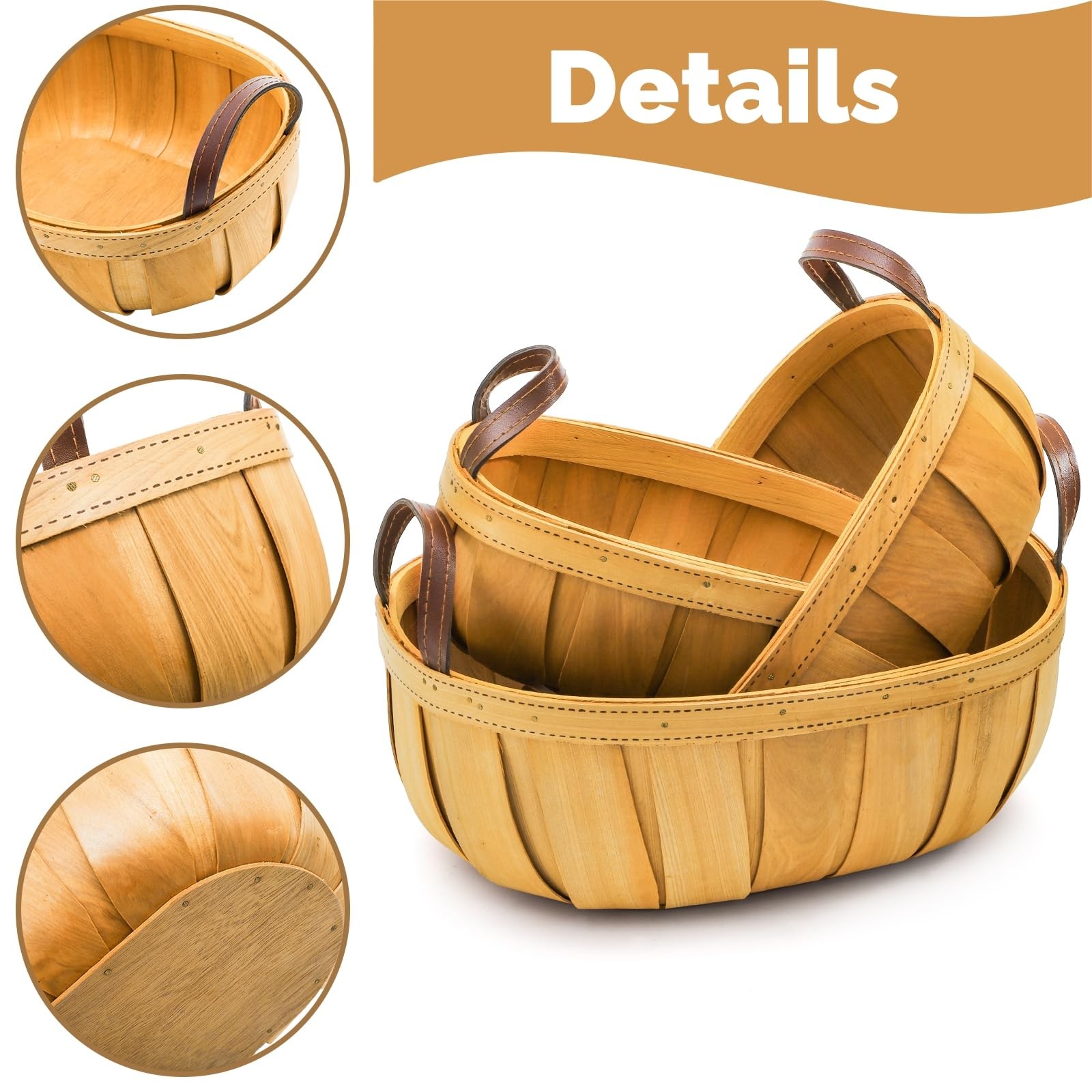 3 Pack Wooden Bread Baskets, Wood Chip Picnic Basket with Handles, Handmade W…