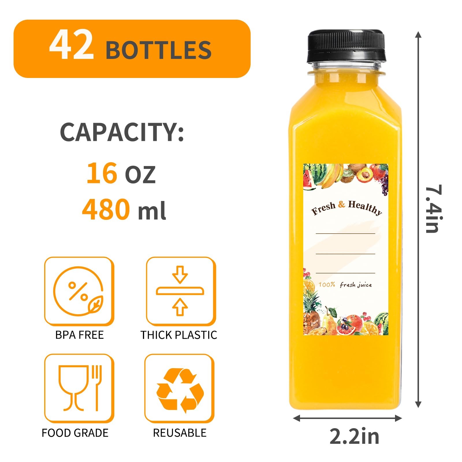 42 PCS 16 Oz Plastic Juice Bottles With Caps Reusable Juicing Clear Containers