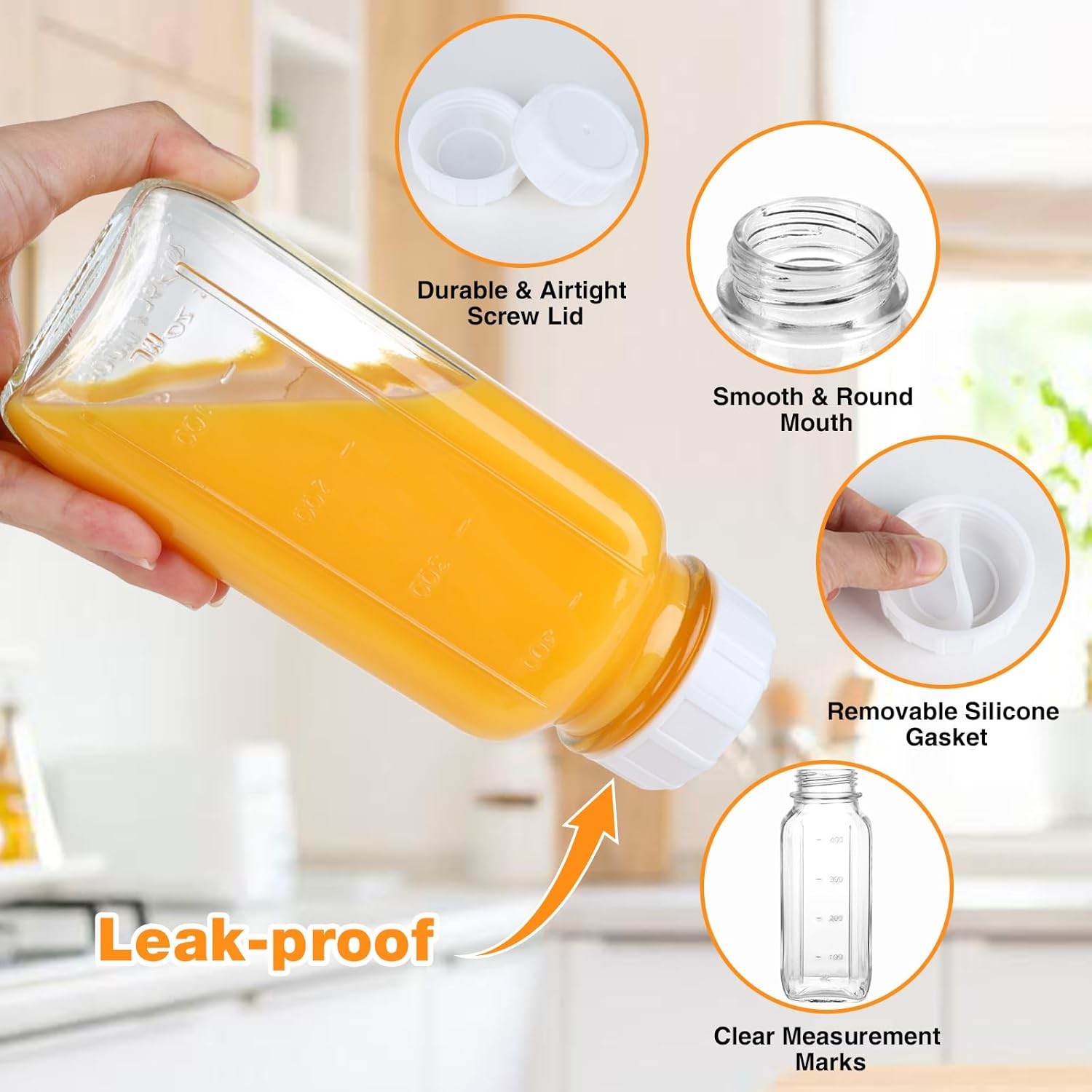 4 Pack 16 OZ Glass Milk Bottles W/ Lids Glass Juice Bottles W/ Scale & Silicone