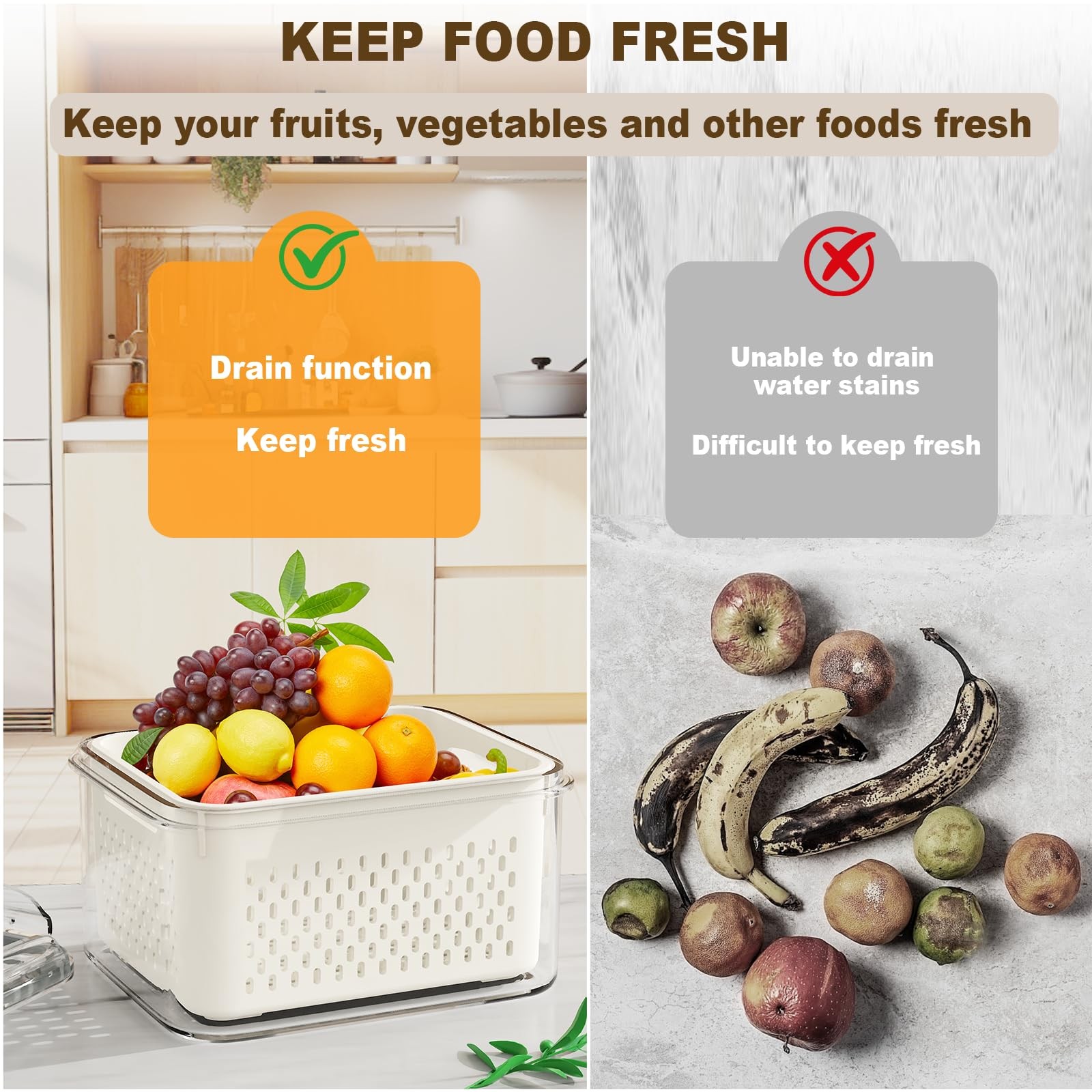 4 Pcs Fruit Storage Containers for Fridge (with Drain Basket) – Leak-Proof Fo…