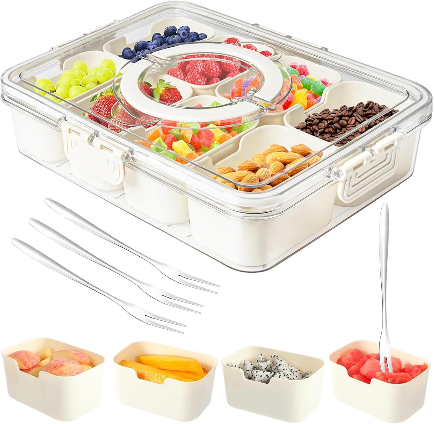 Portable Snack Box, 8 Compartment Divided Plate, Clear Organizer