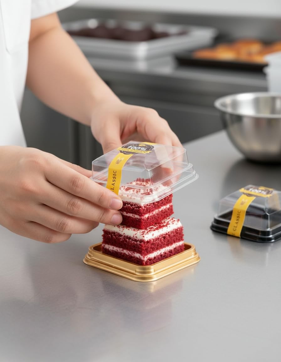 Wuqoioo Mini Cake Box, 100 Pack Clear Plastic 3.54 x 1.97 inches, Gold