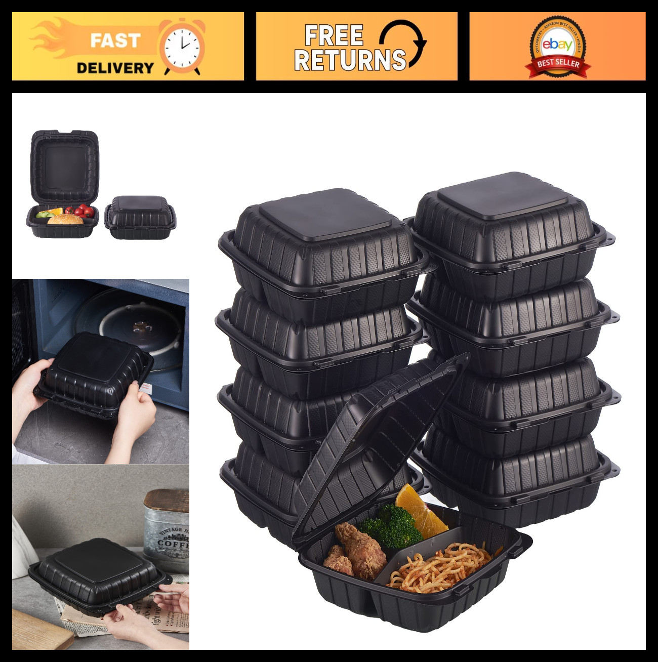 50-Pack Heavy Duty 3-Compartment Clamshell Takeout Food Trays – Disposable Meal
