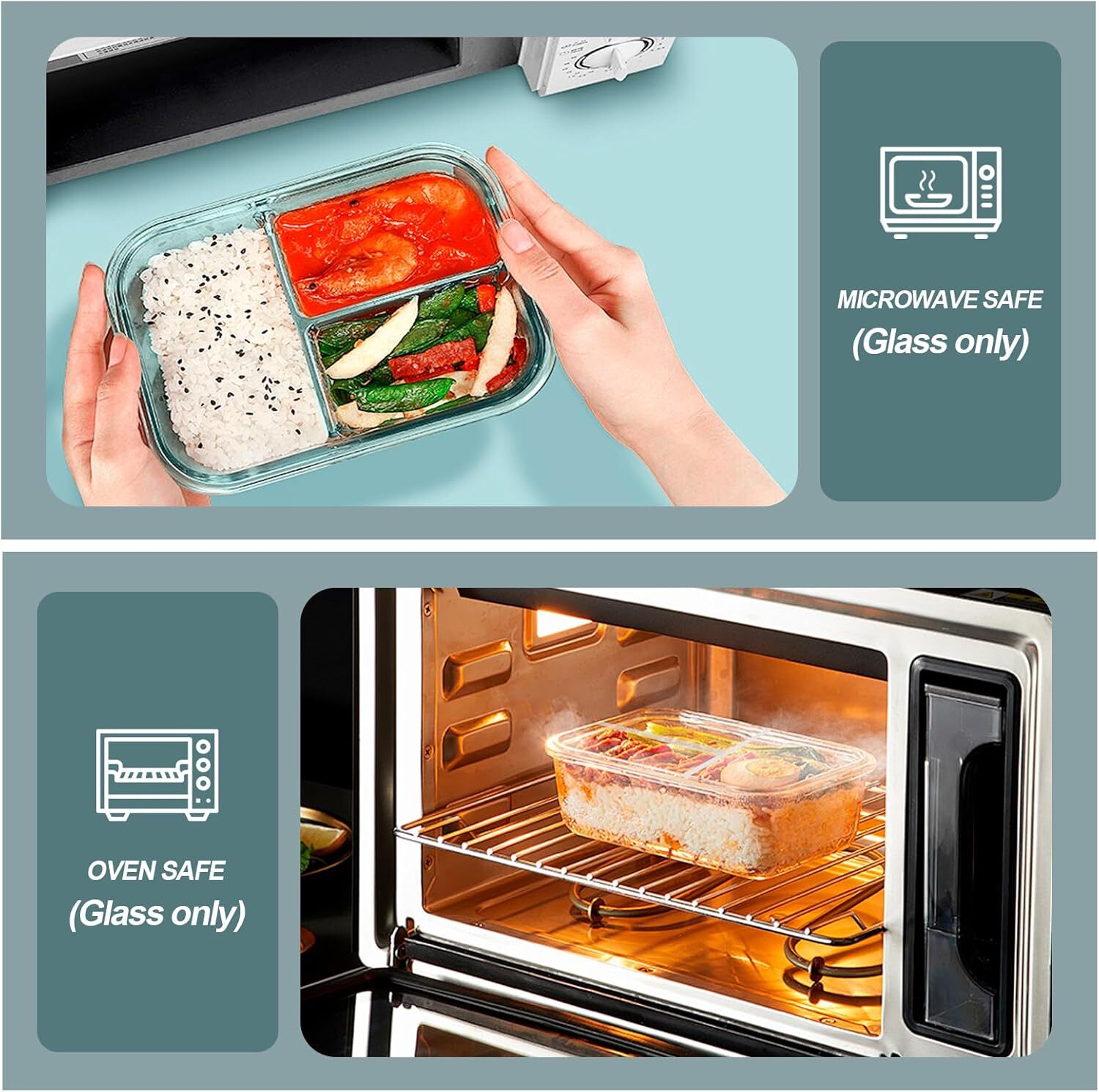 Glass Containers 3 Compartments 5 Pack 36 oz with Lids Freezer & Microwave Safe