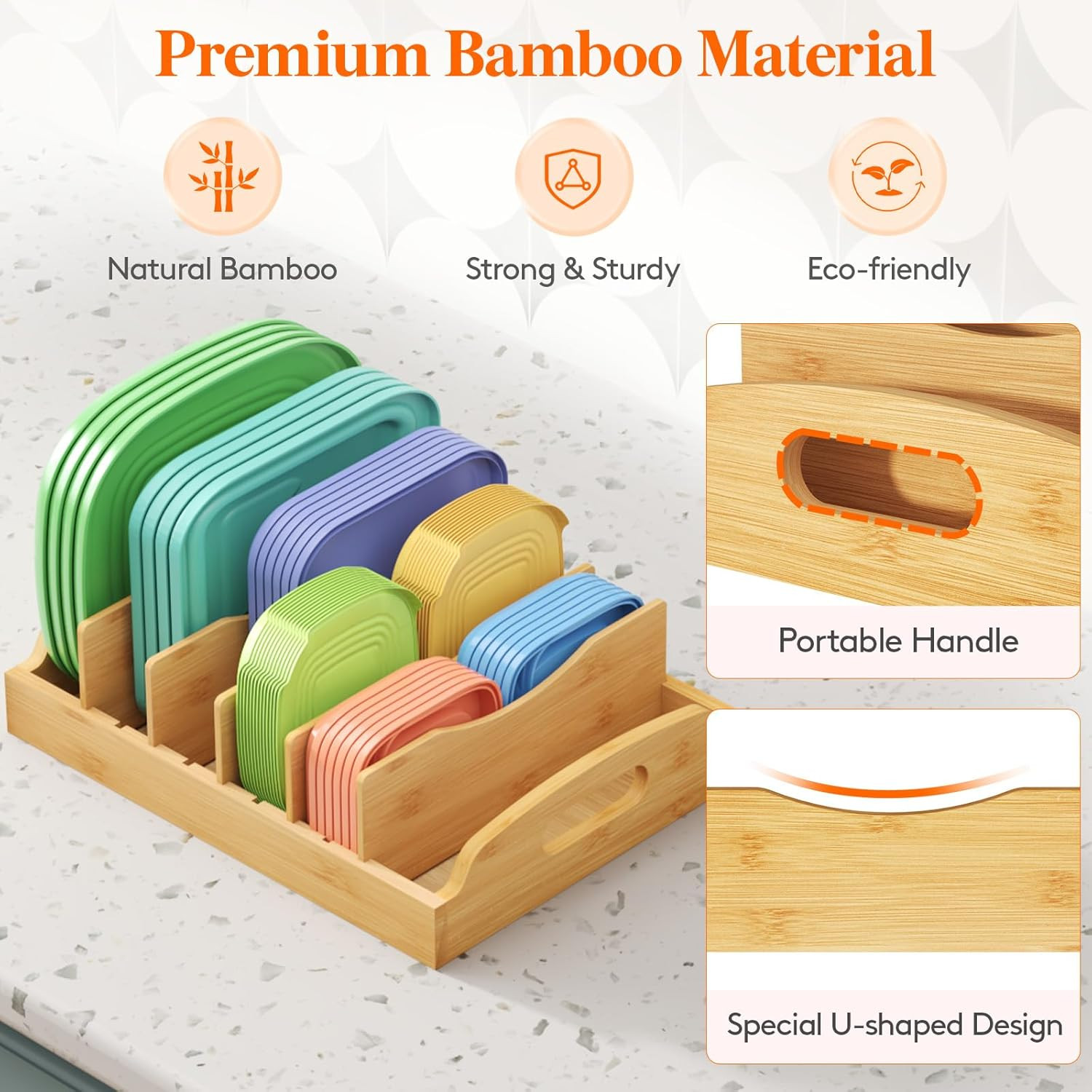 Bamboo Lid Organizers for inside Cabinet, Food Storage Container Lid Holder with