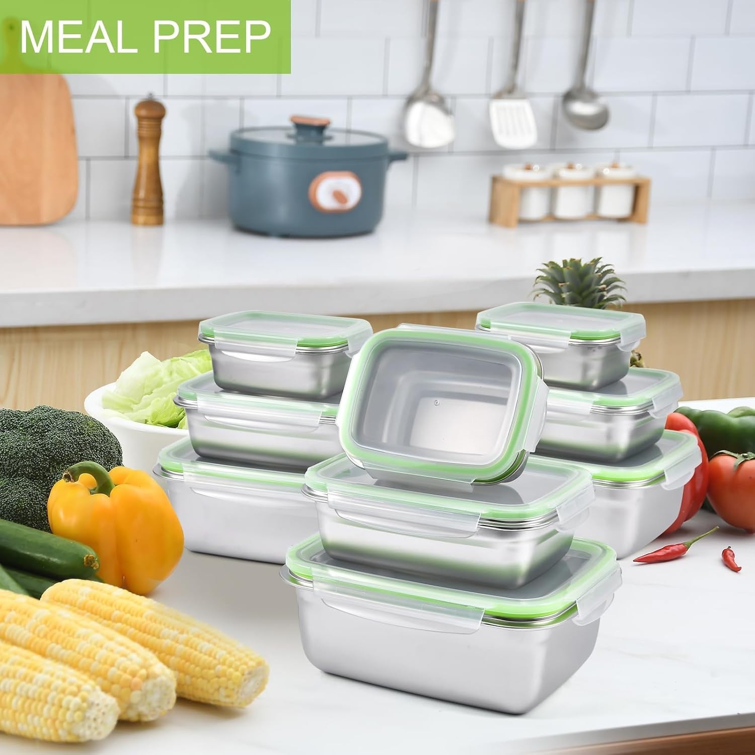 Stainless Steel Food Storage Containers, Leak Proof & Airtight Lids, Set of 9