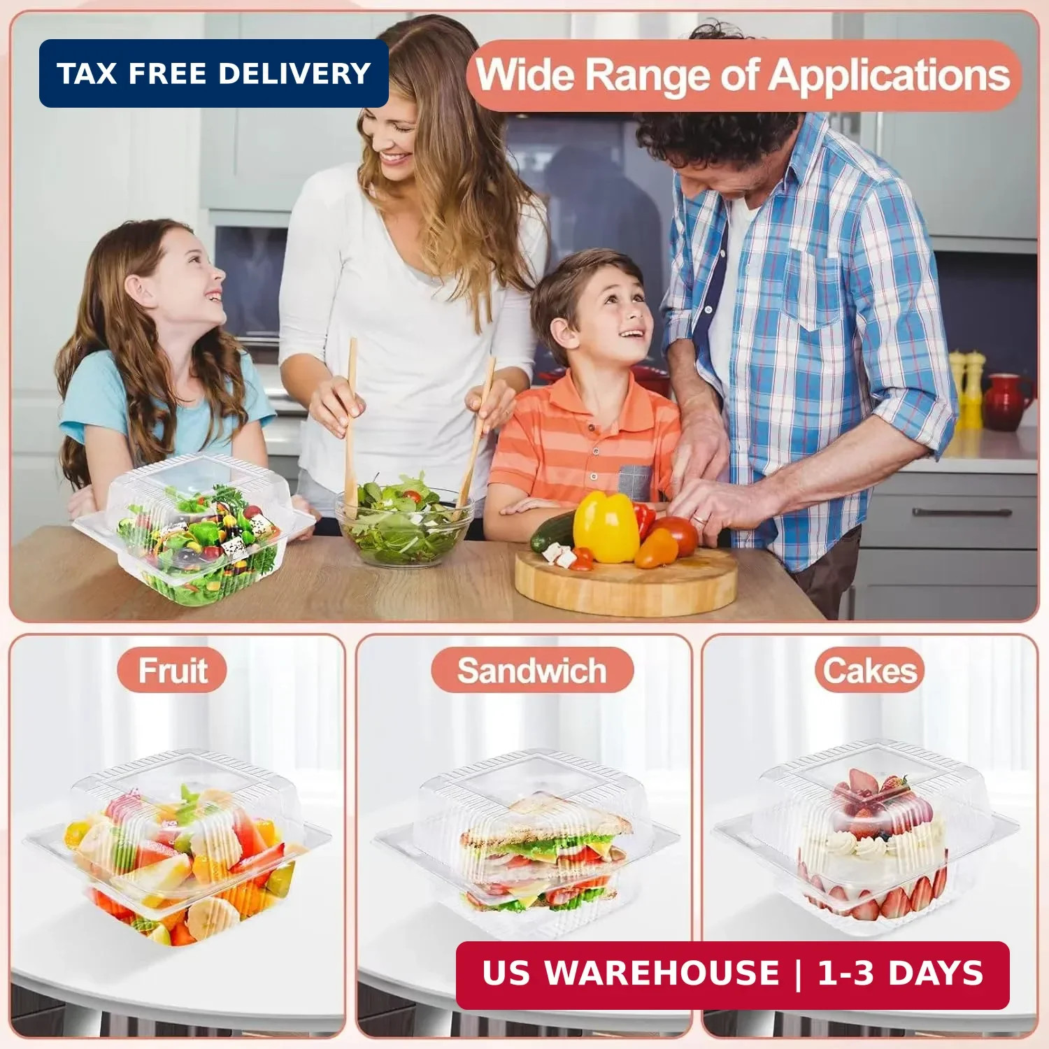 100Pcs Clear Plastic Take Out Containers,Clear Plastic Hinged Food Containers,Di
