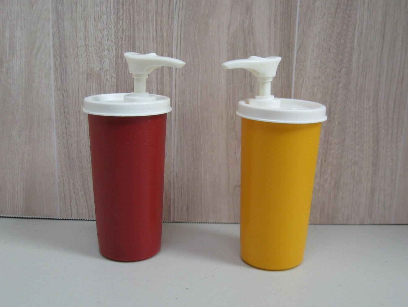 Vintage Tupperware Ketchup and Mustard Pump Dispensers Red & Yellow 1970’s.
