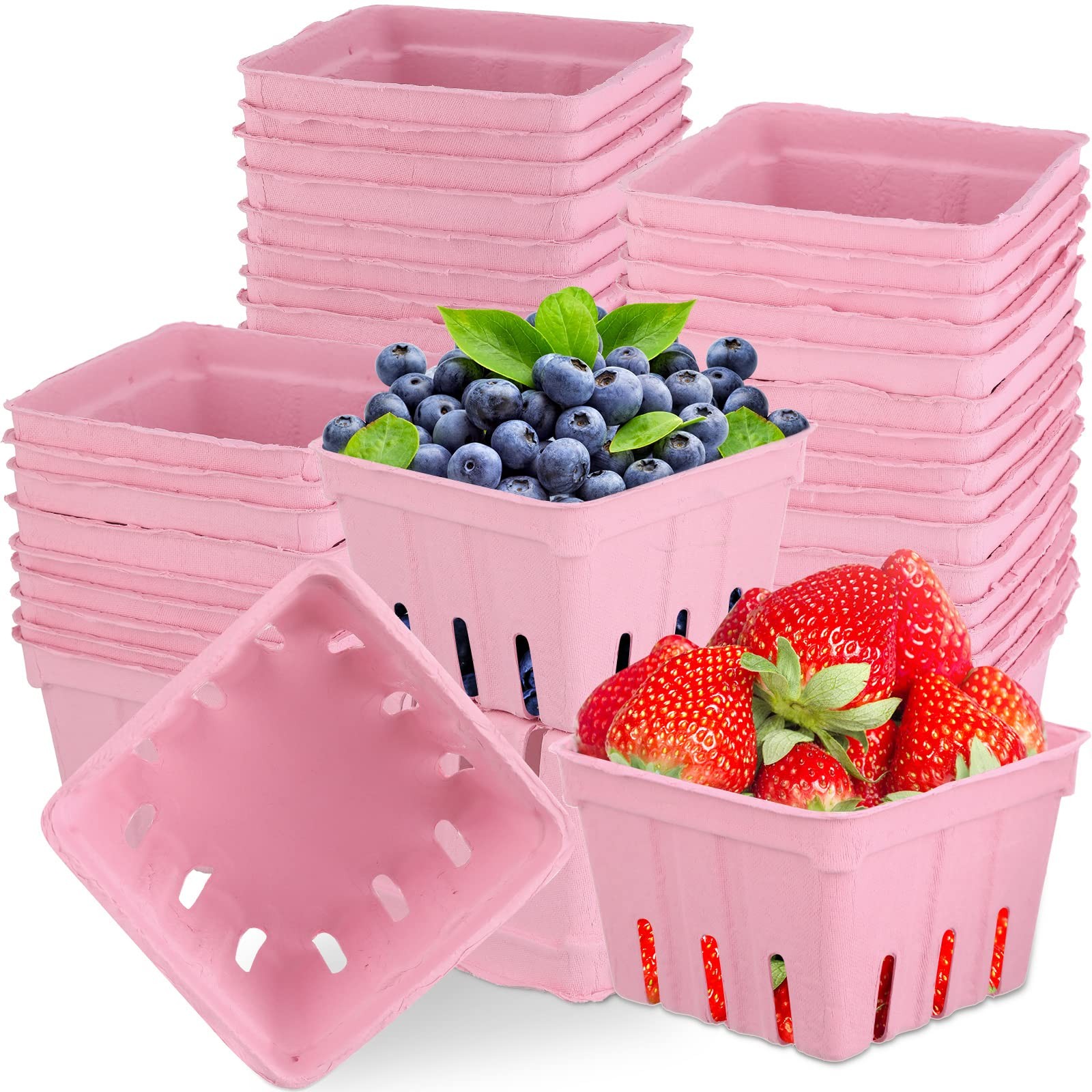 Pink Molded Pulp Fiber 1 Pint Berry Basket Vented 4.3×4.3×3 Inch 150 PCS