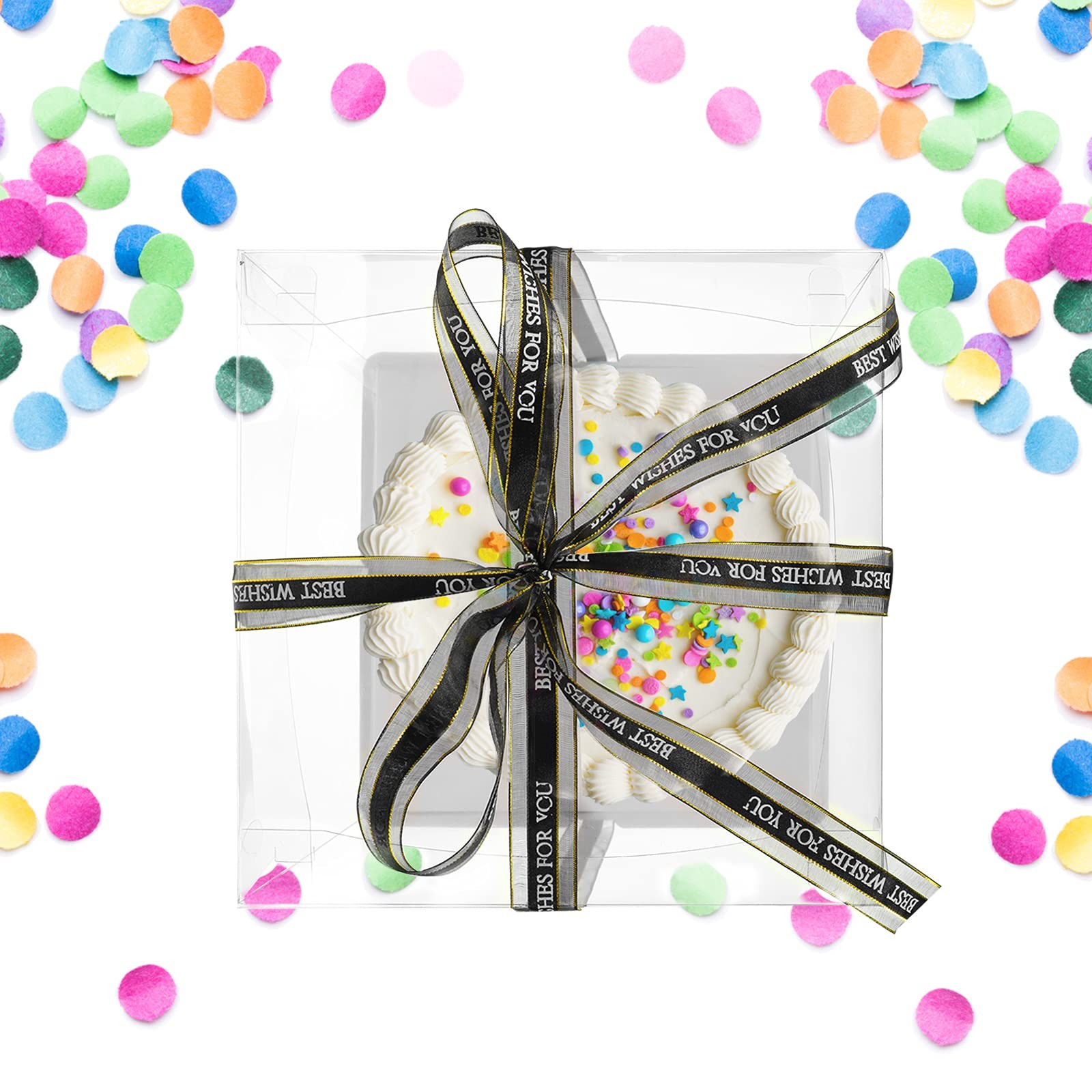 4 PCS Clear Cake Carrier Box Ribbon Transparent Dessert Display 10x10x9 Inch