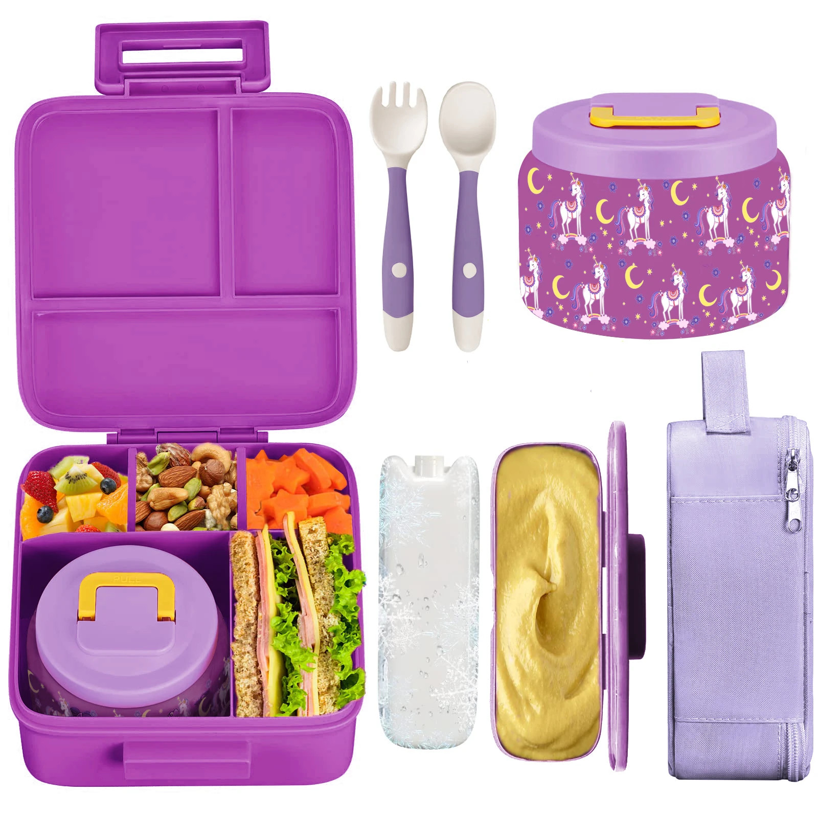 1 Pc Kids Lunch Box Bento Set with Insulated Jar Ice Pack Fork Spoon Bag Combo