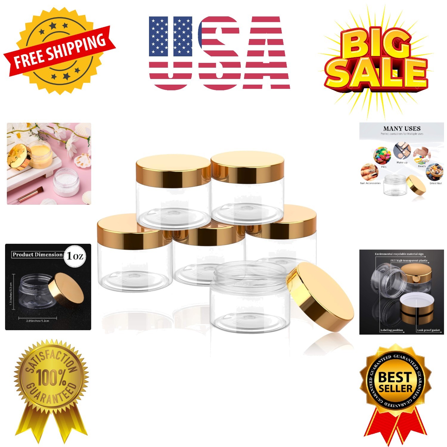 6 Pack 1 oz Plastic Jars Containers with Lids Wide-mouth Refillable Leakproof…