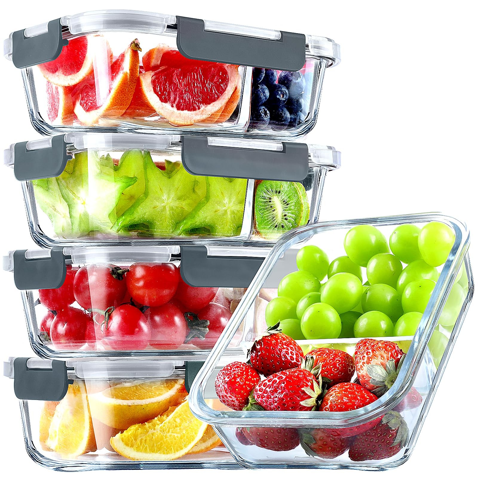 5 Pack Glass Meal Prep Containers 2 Compartment Set, 36OZ Airtight Glass Lunc…