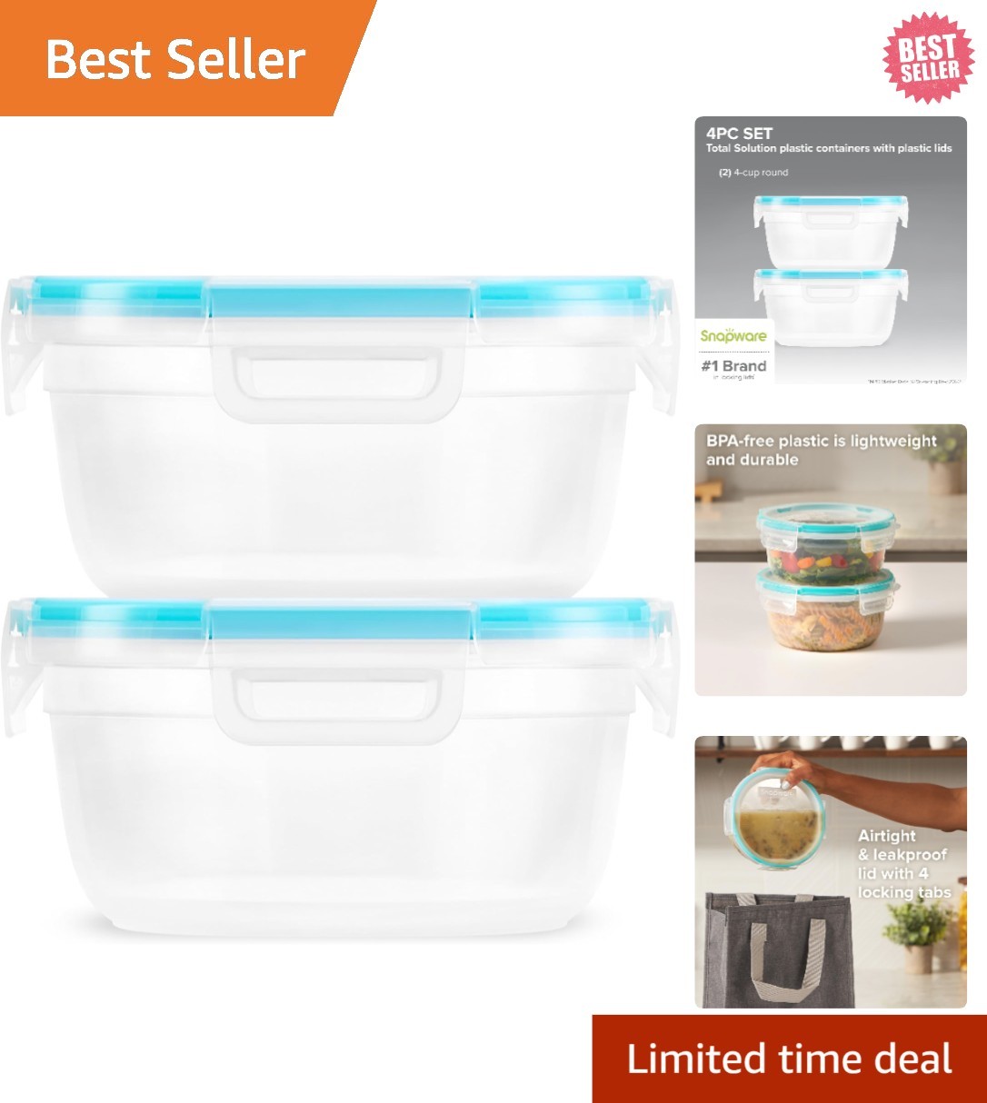 Reusable 4-Cup Food Storage Containers – Non-Toxic, Space-Saving Tupperware