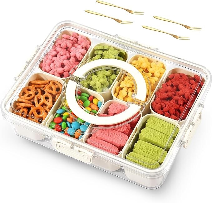 Snack Box, 8-Compartment Divided Tray with Lid, Handle& Forks for Travel/Storage