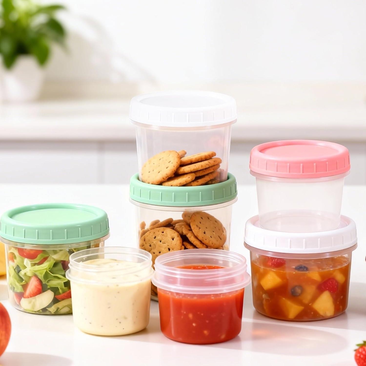 DEMORA 4 Oz Small Plastic Containers with Twist on Lids [20 Sets], Stackable Lit