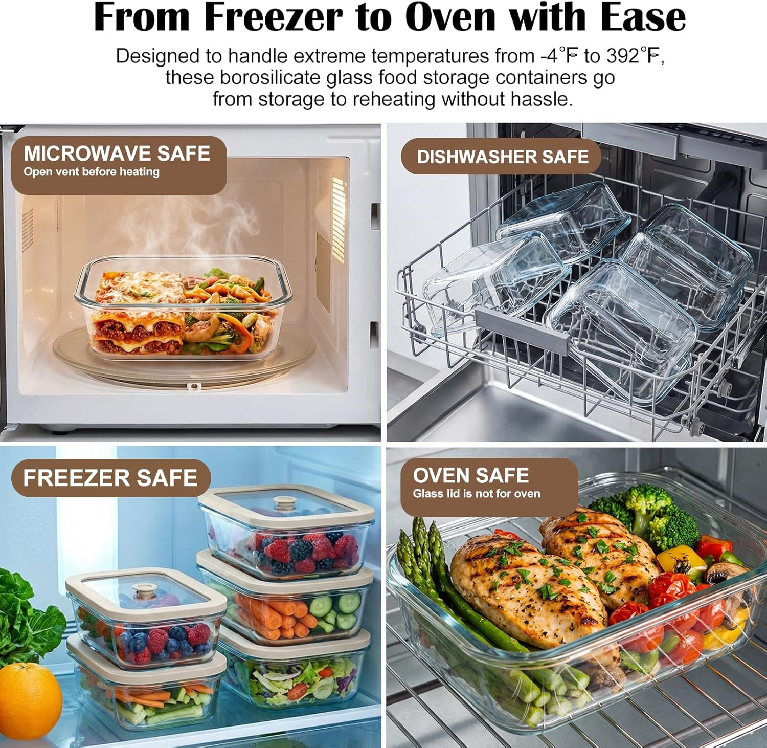 5 Pack 35 Oz Glass Meal Prep Containers, Plastic-Free Glass Food Storage Contain