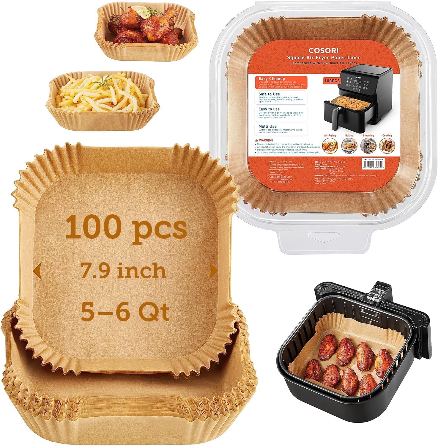 COSORI Air Fryer Liners, 100 PCS Square Disposable Paper 5QT or Above, Wood