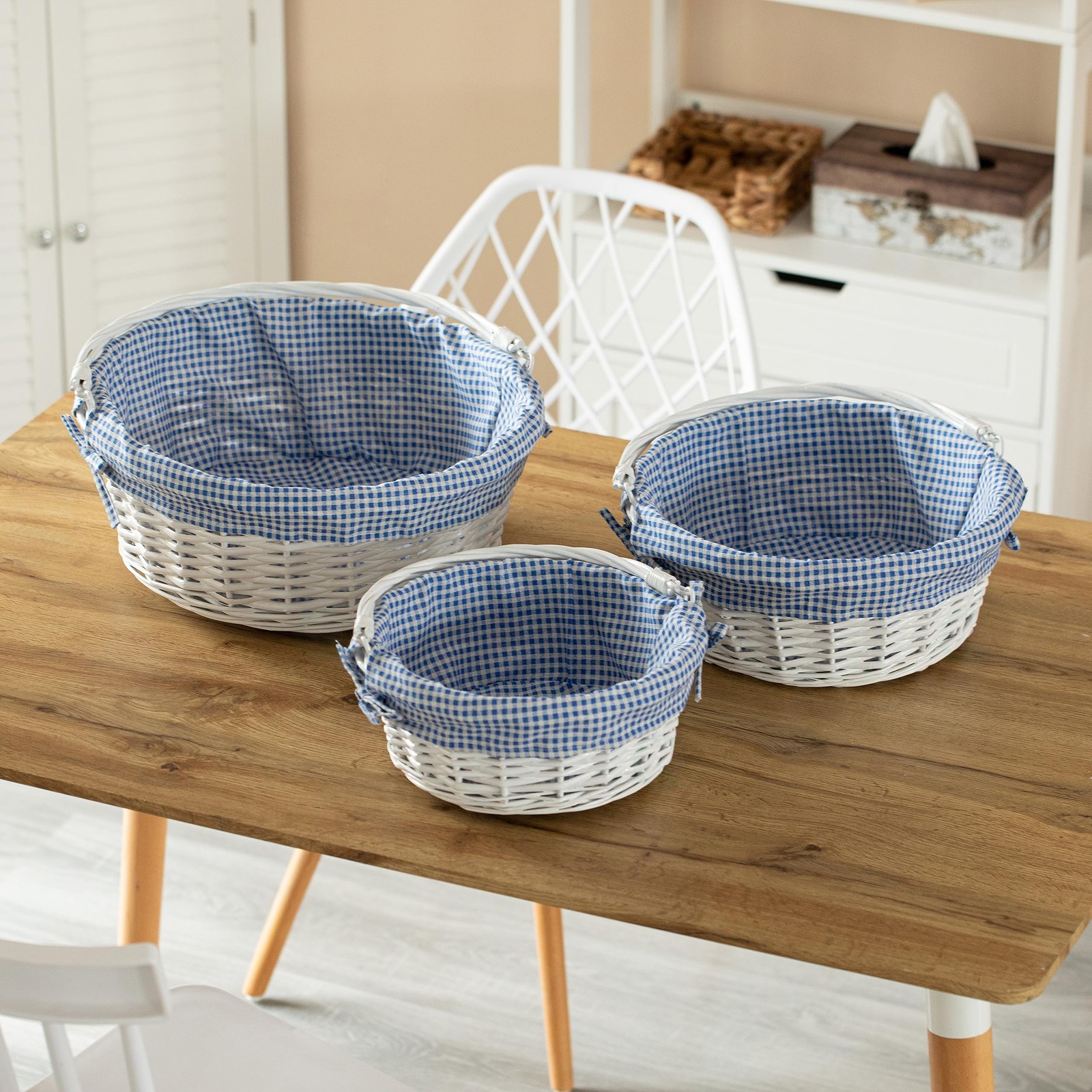 Traditional White Round Willow Gift Basket with Blue and White Gingham Liner …