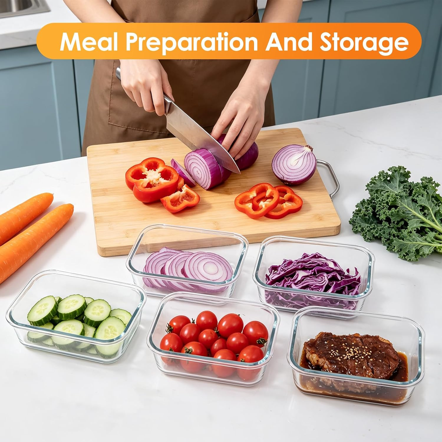5Pack 22oz Glass Storage Containers with Lids, Glass Meal Prep Containers Set, A
