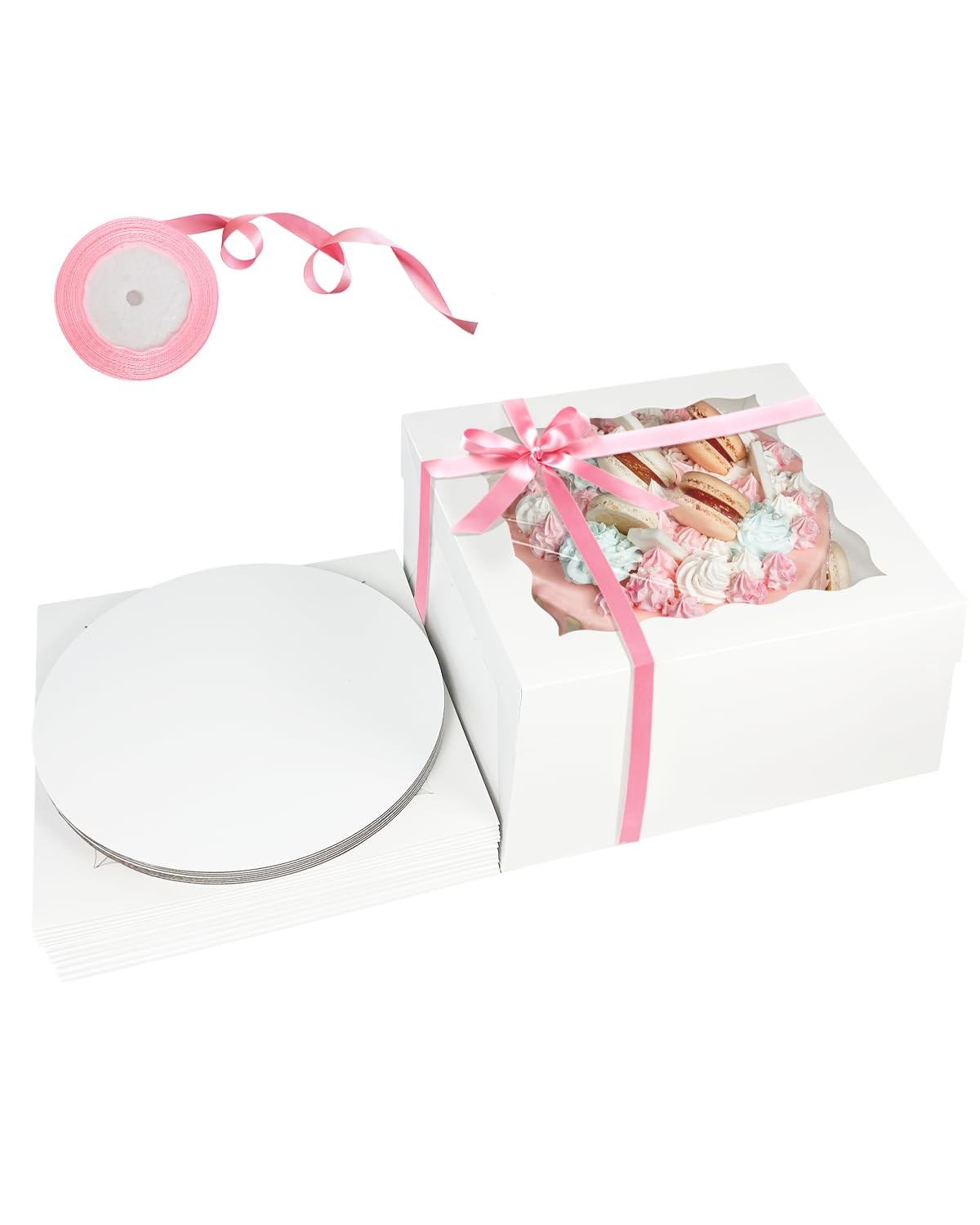 4 Sets 10x10x8 Inch White Cake Bakery Boxes Window 4 Boards Ribbon Container