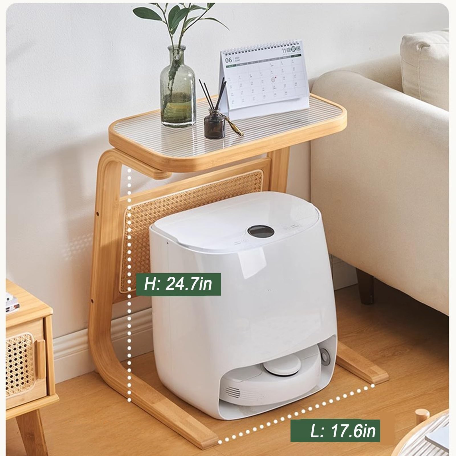 Robot Vacuum Storage Modern Side Tables Cabinet, 27 Inch Tall Bamboo Glass Co…