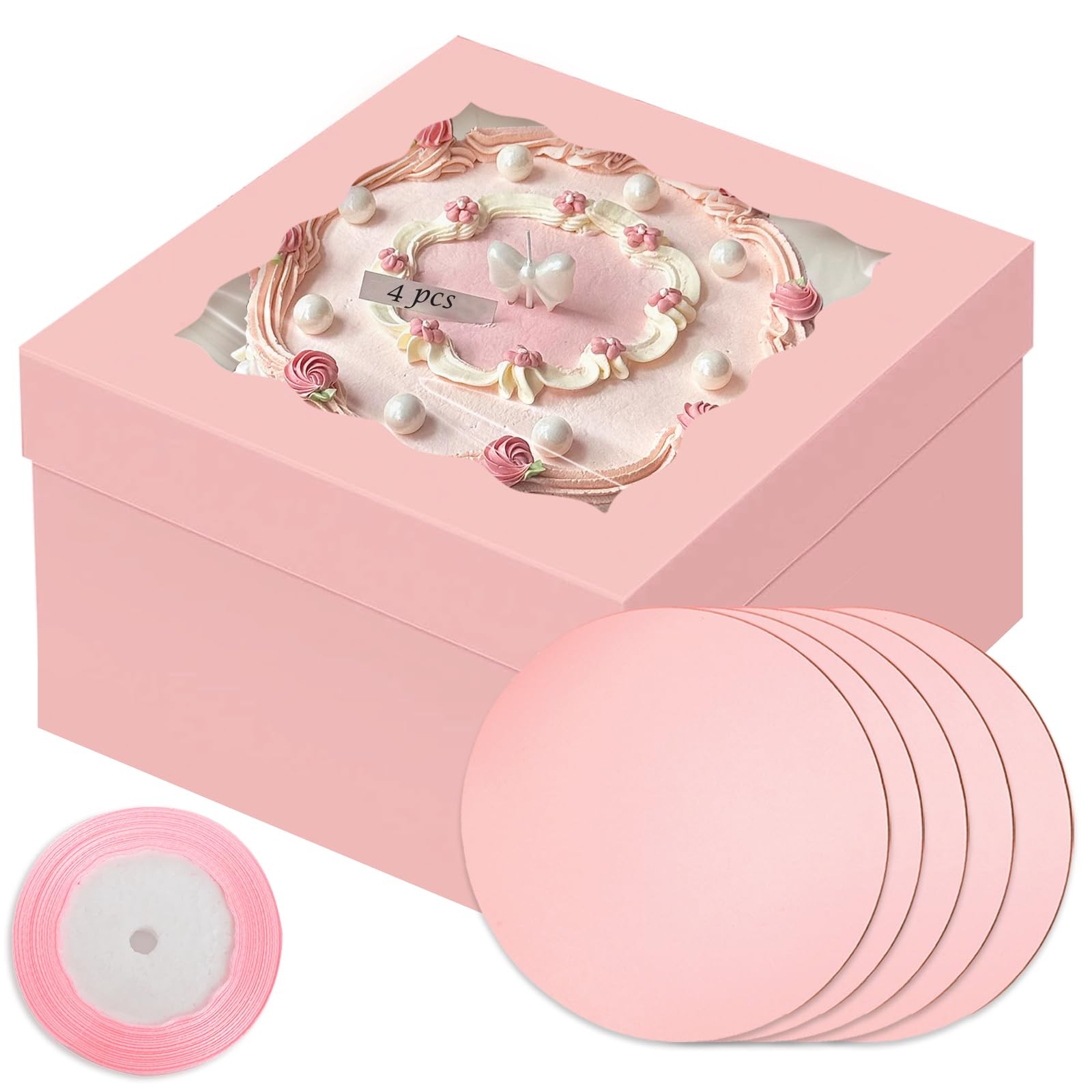 Pink 10x10x8 Inch Cake Box 4 Sets Window Round Boards 10m Ribbon Container