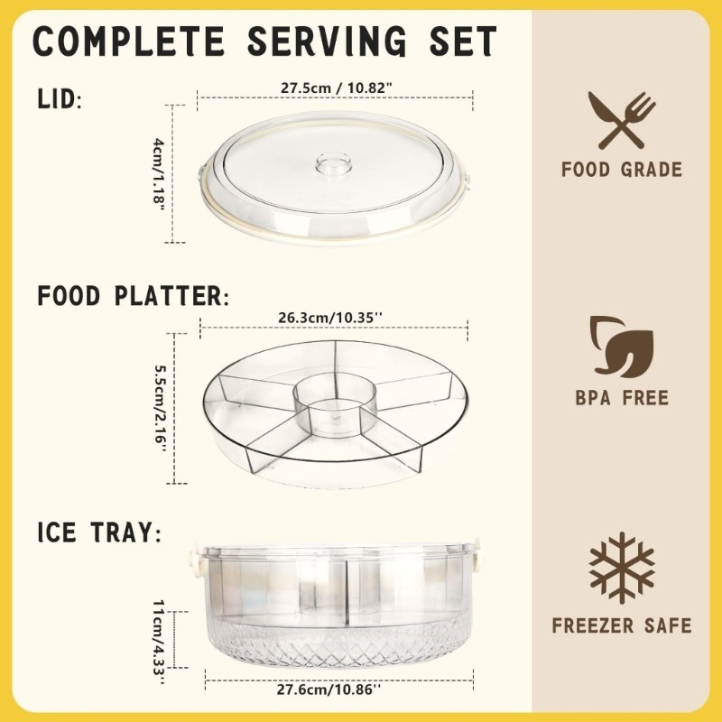 Multiple Compartment Chilled Serving Tray With Ice Container and Secure Cover