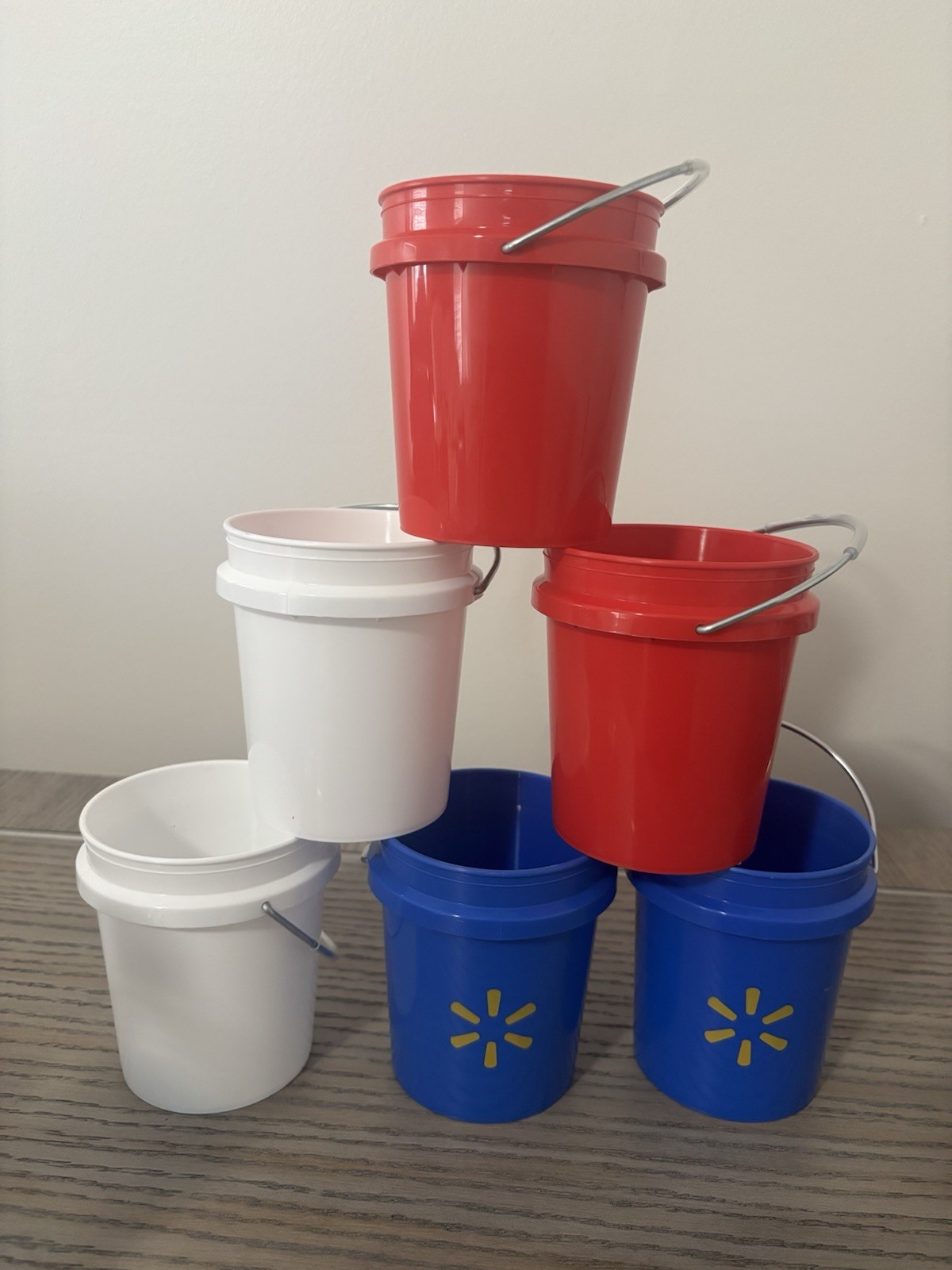 Walmart Mini Bucket without Lid ~ Red , White & Blue ~ Set Of 6. -0.7 pt ~ NEW