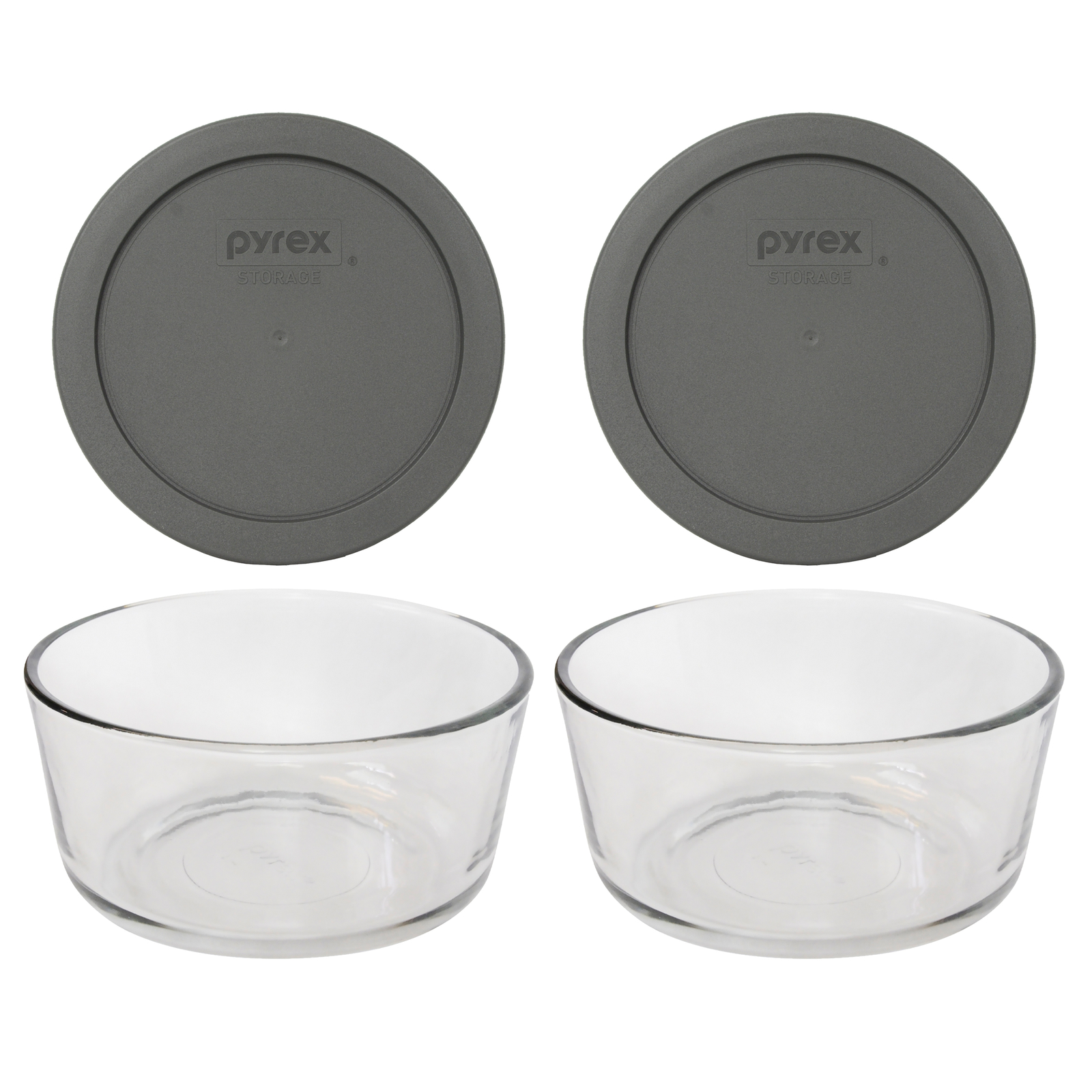 Pyrex (2) 7201 4-Cup Glass Bowls & (2) 7201-PC Puddle Gray Lids