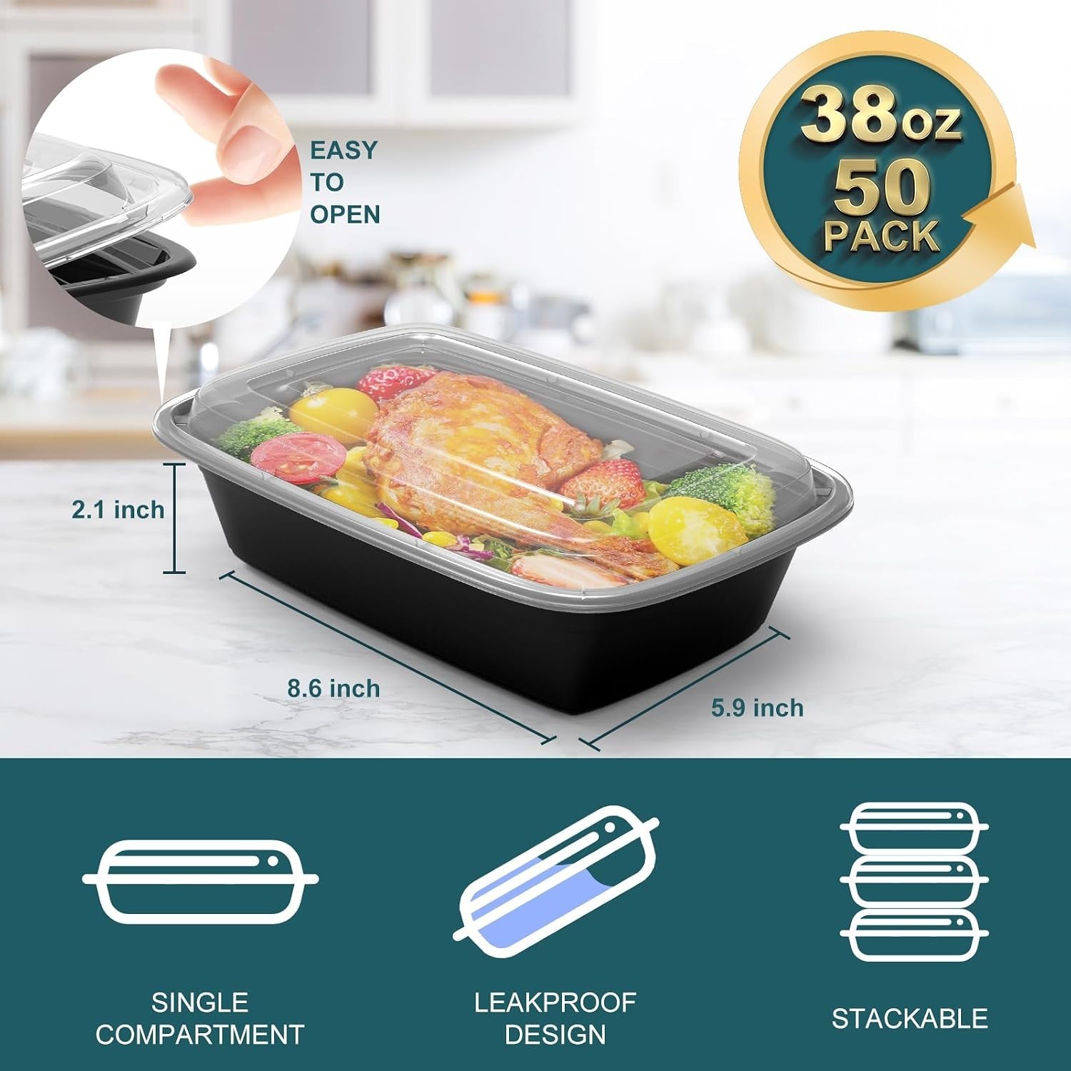 Durable 38oz Meal Prep Containers – 50 Pack Freezer/Microwave Safe & Reusable