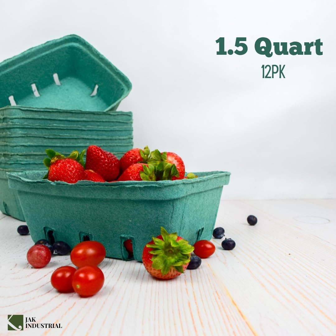 Green Molded Pulp Fiber Berry Produce 1.5 Quart Basket Container Set 12 PCS