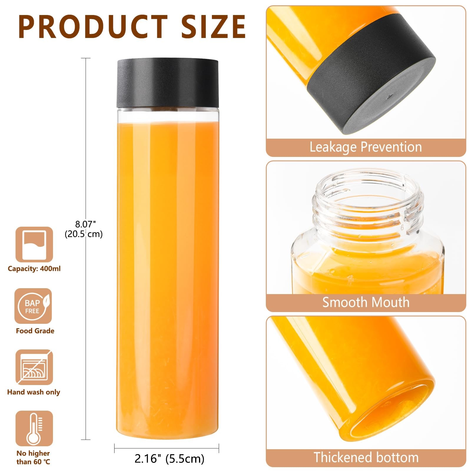 ZMYBCPACK 12 Pack 13.6oz PET Plastic Juice Bottles Black Lids Smoothie