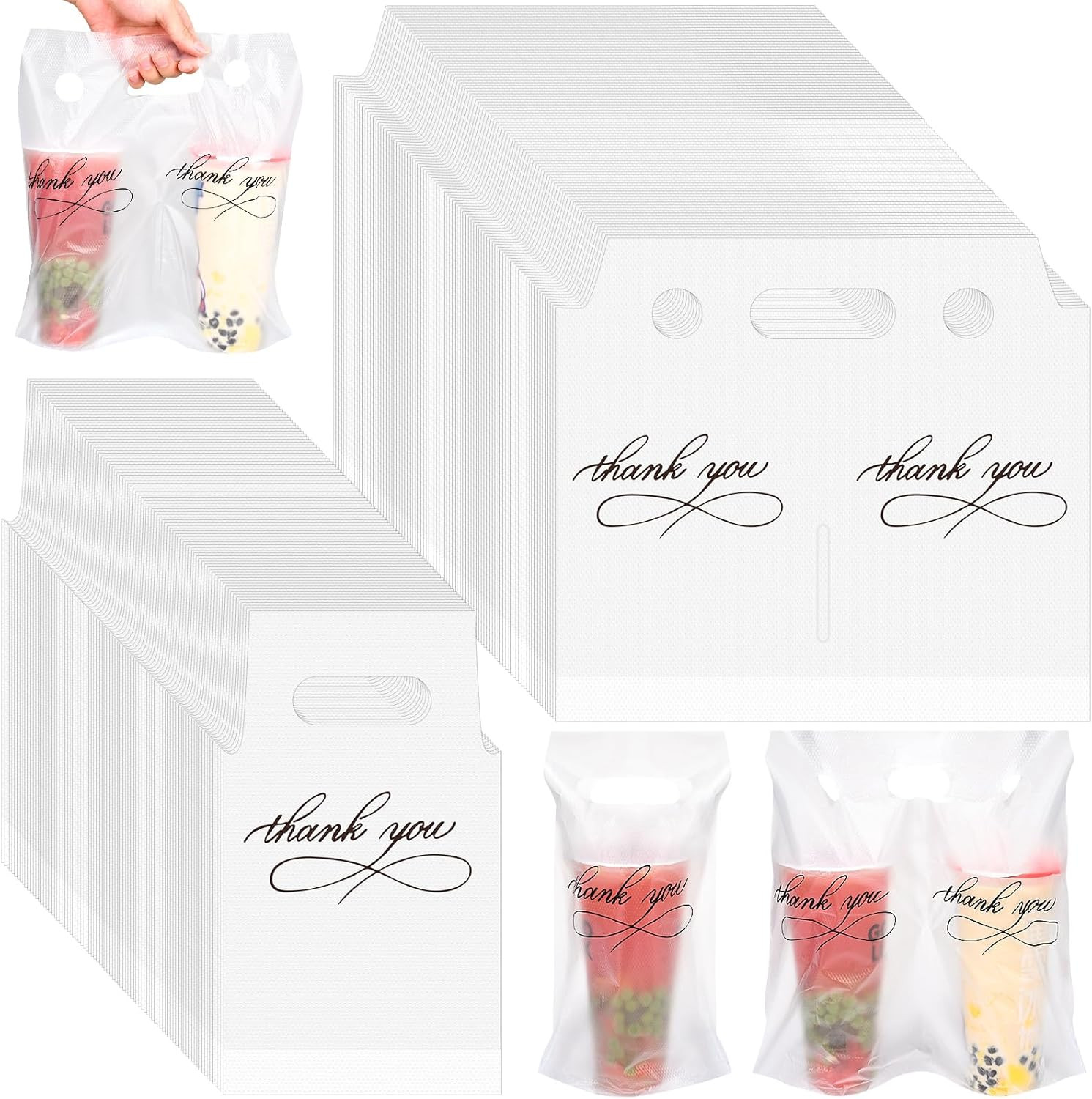 MJOGGOTT 1000 Count Handle Drinking Poly Bags, Thank You Clear Plastic