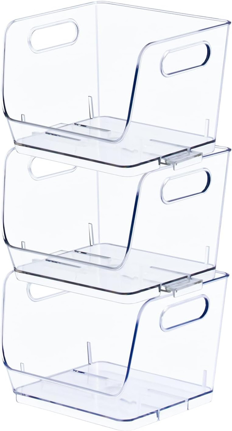 Set of 3 Open-Front 7-Inch Clear Storage Bins with Easy-Grip Handles Stackable T