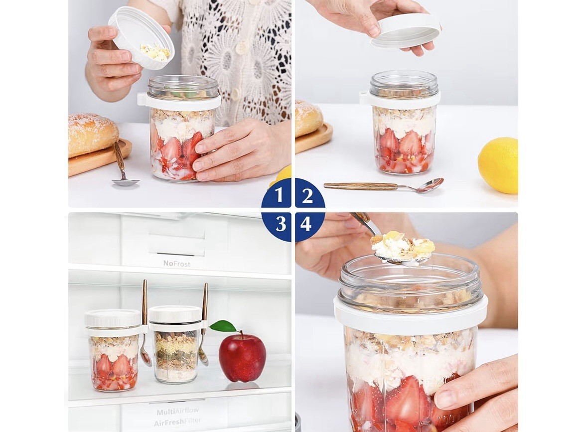 2pk Overnight Oats Jars with Spoons and Lids, 16 Oz, Oats Yogurt Fruit Storage