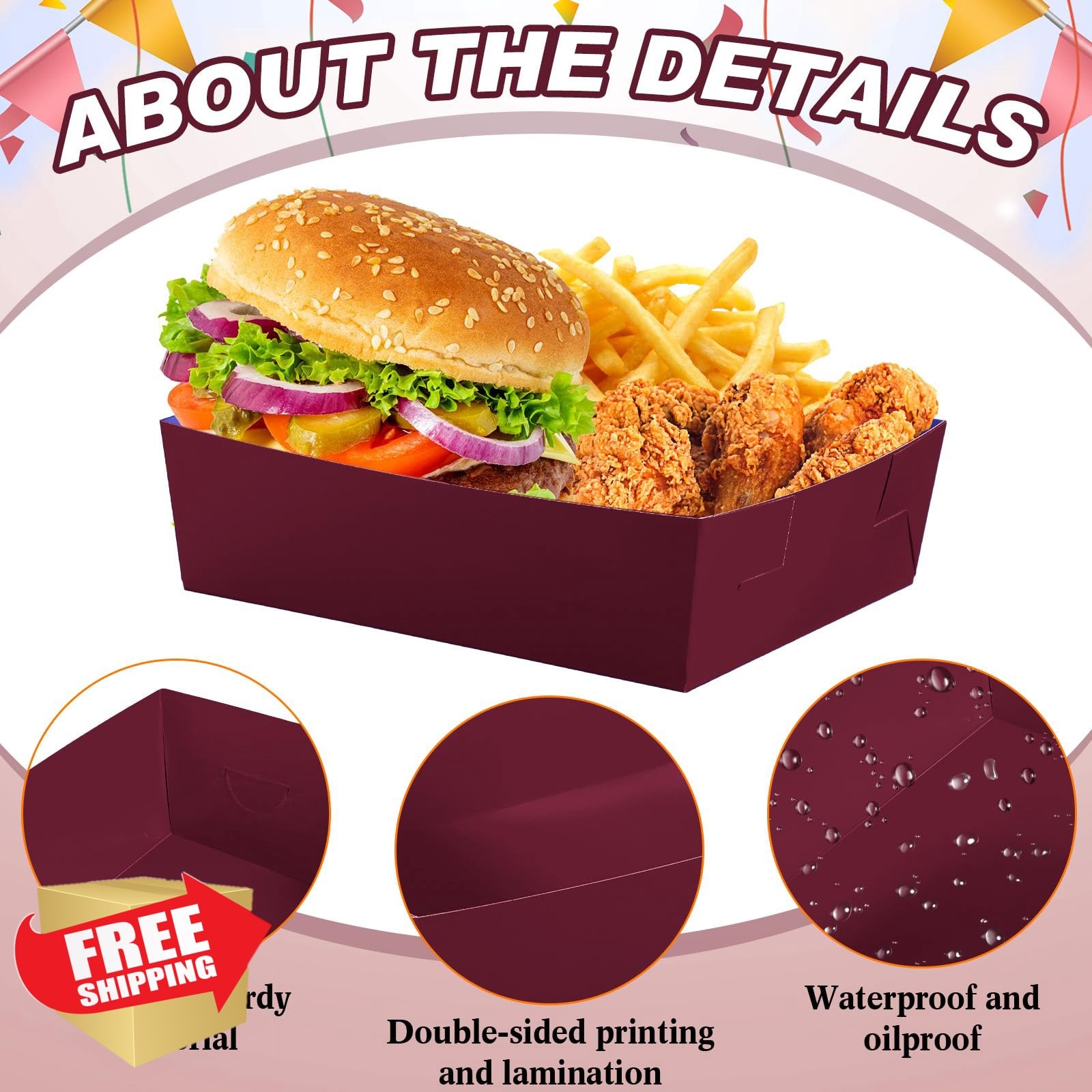 Uiifan Burgundy 50 Pcs Food Trays 5 lb