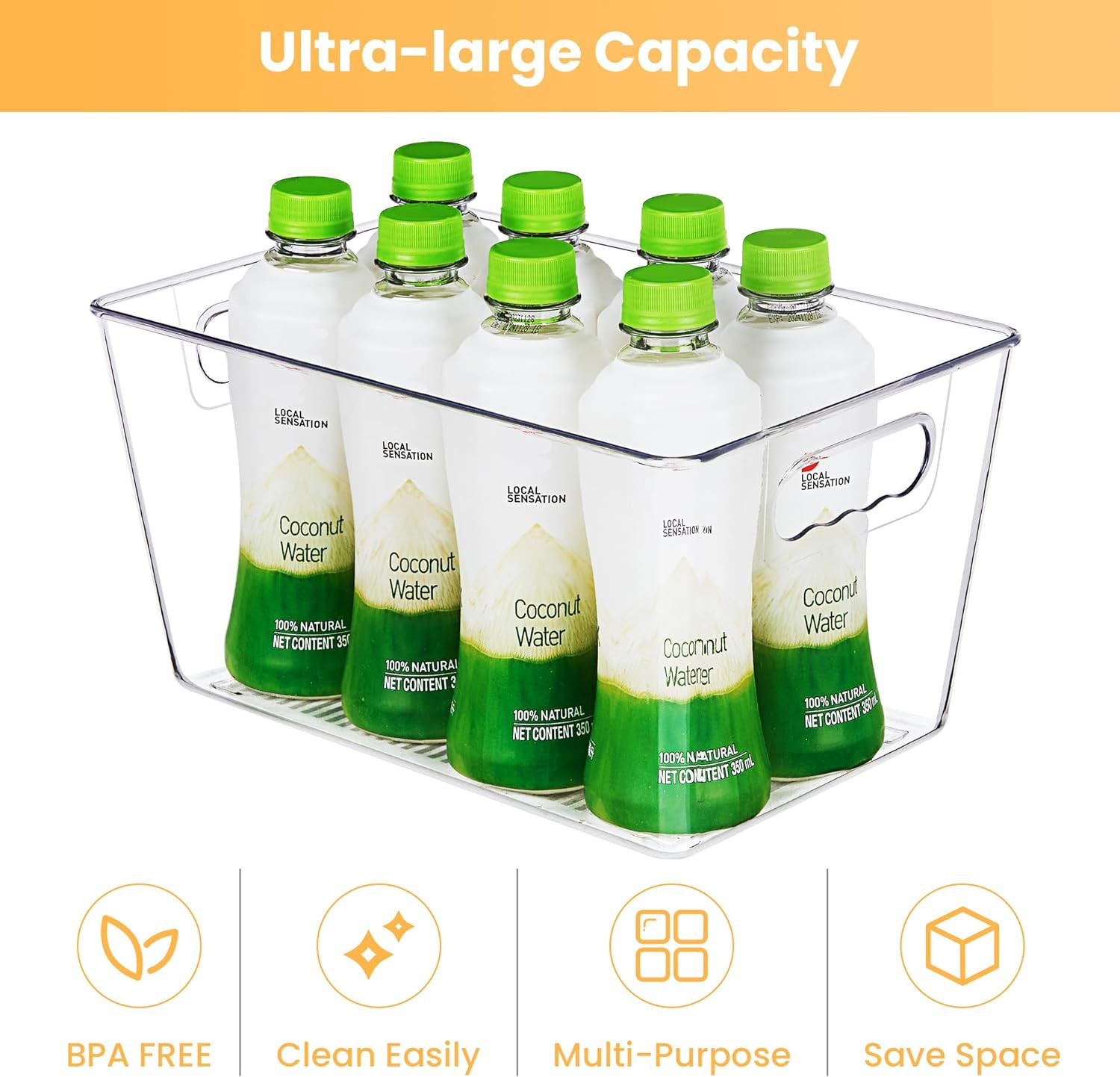 6 Pack Clear Pantry Organizer Bins, Plastic Containers with Handle for Kitchen,F
