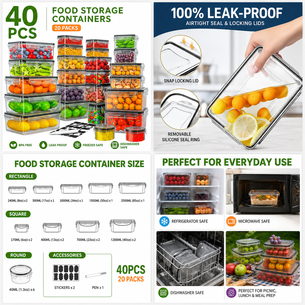40PCS Airtight Food Storage Containers with Lids BPA Free Leakproof Kitchen Set