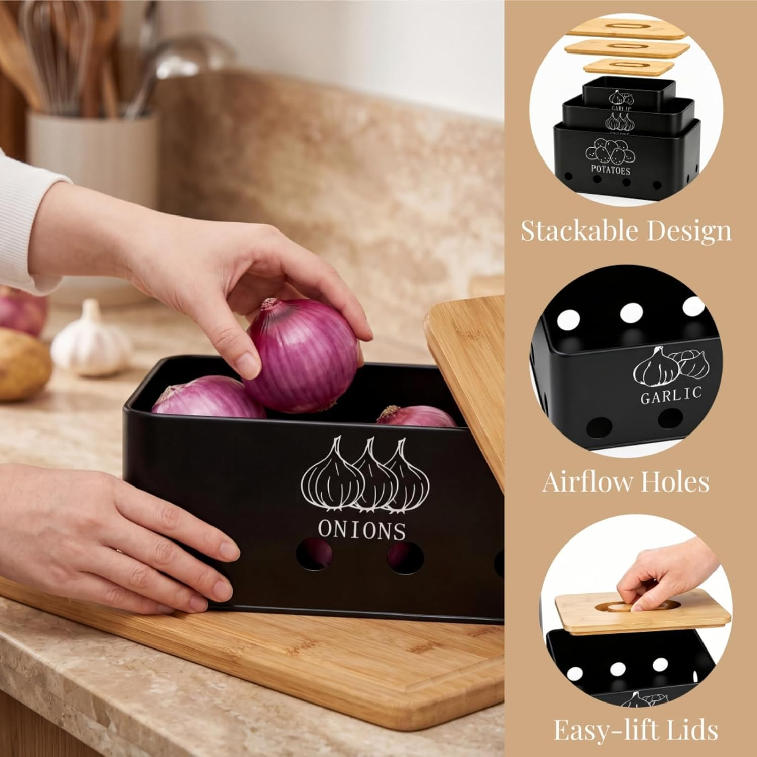 3 Pack Potato Onion Garlic Storage Set, Metal Vegetable Storage Bins with Aerati