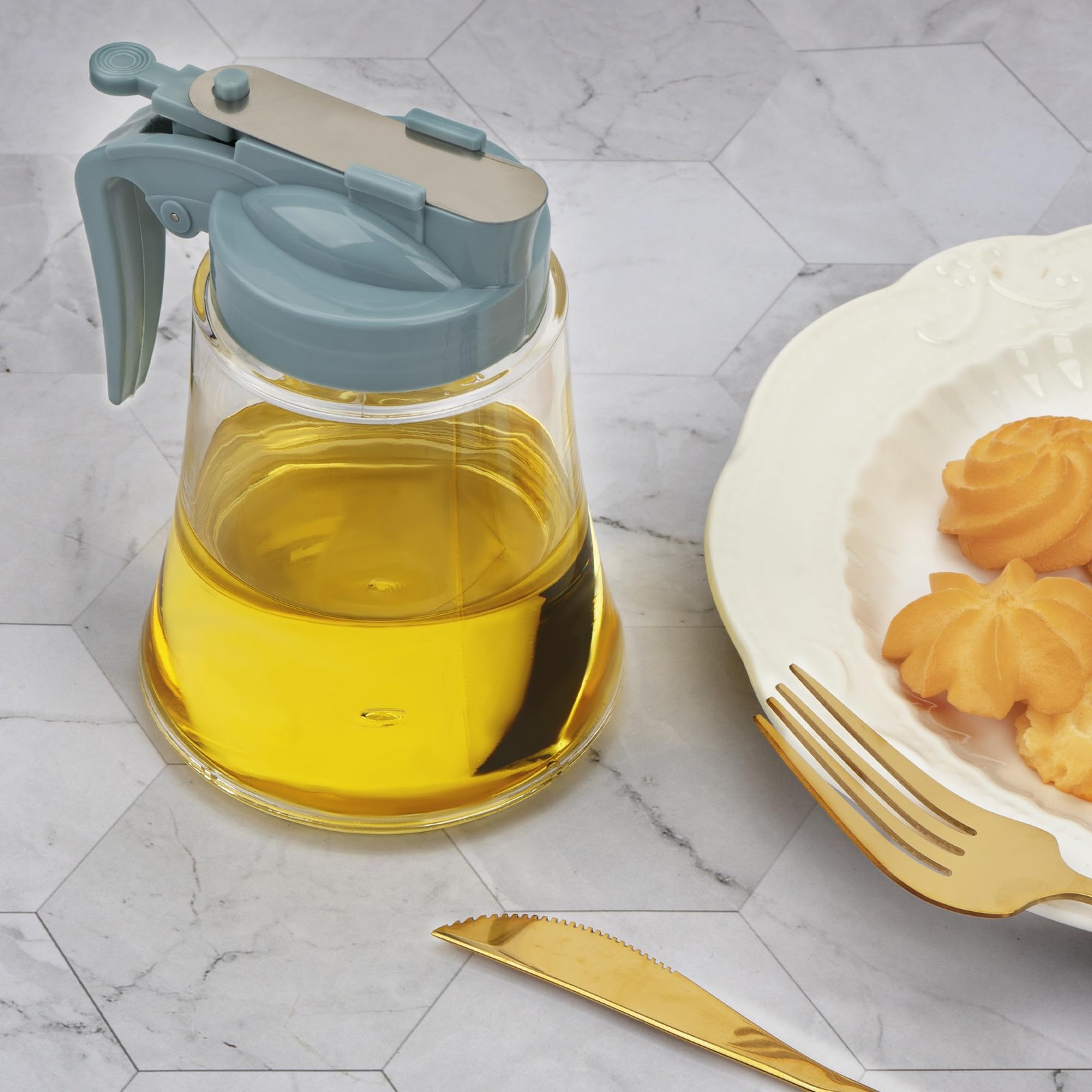 Blue 12 Oz No Drip Maple Syrup Dispenser Honey Oil Pourer Bottle Container