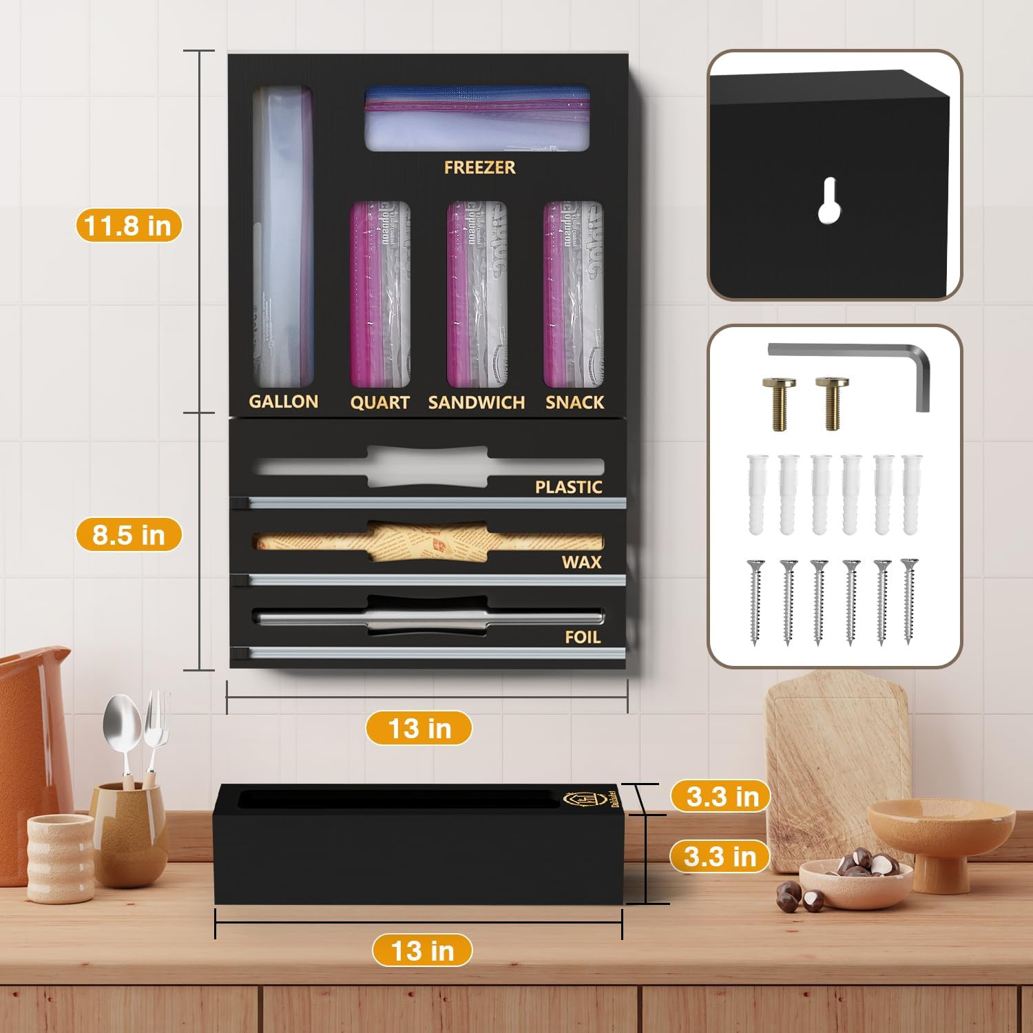 DALSHABET 9 IN1 Bamboo Storage Bag Drawer Organizer with Cutter, Foil and Plasti