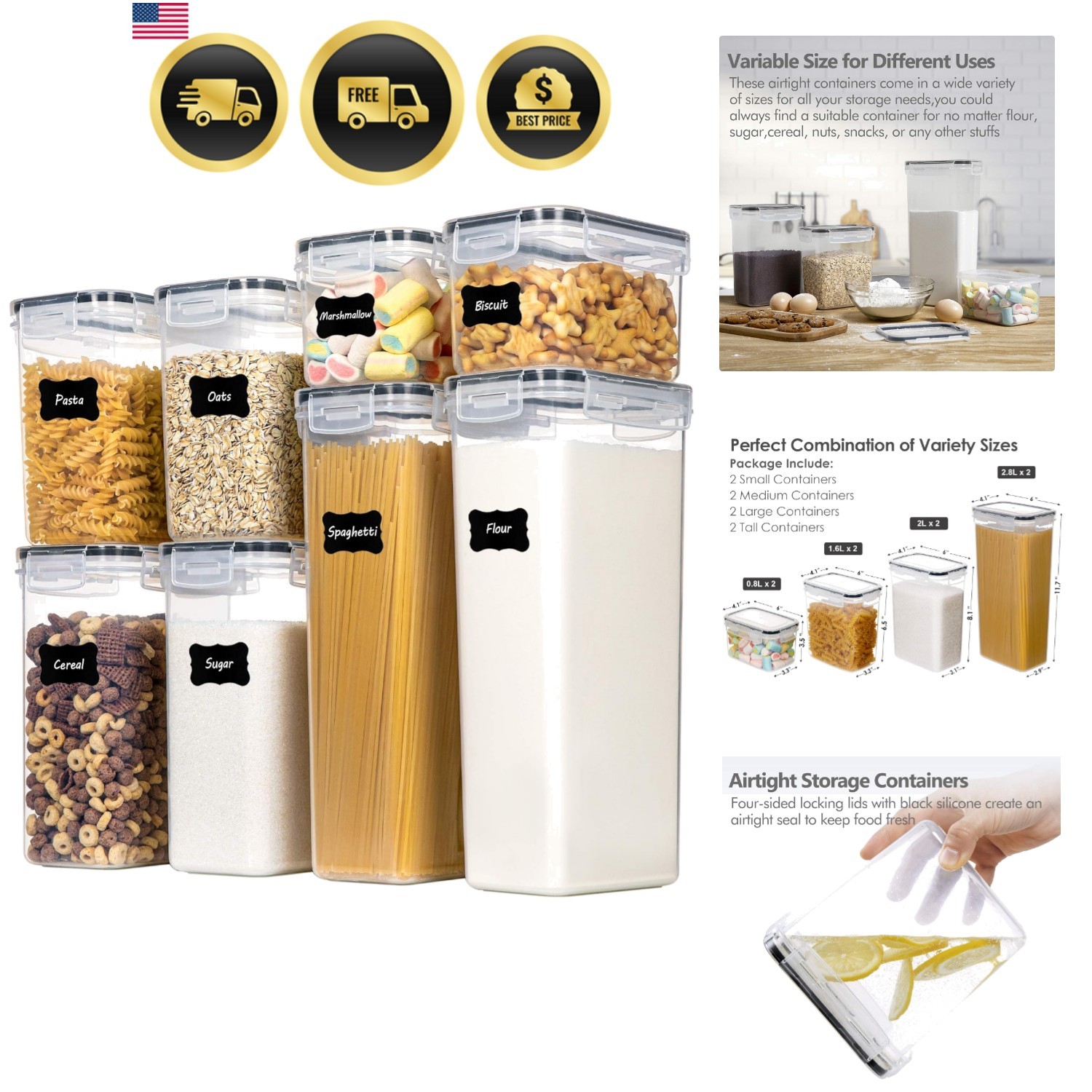 Airtight Food Storage Containers with Lids, 8 PCS Plastic Storage Canisters f…