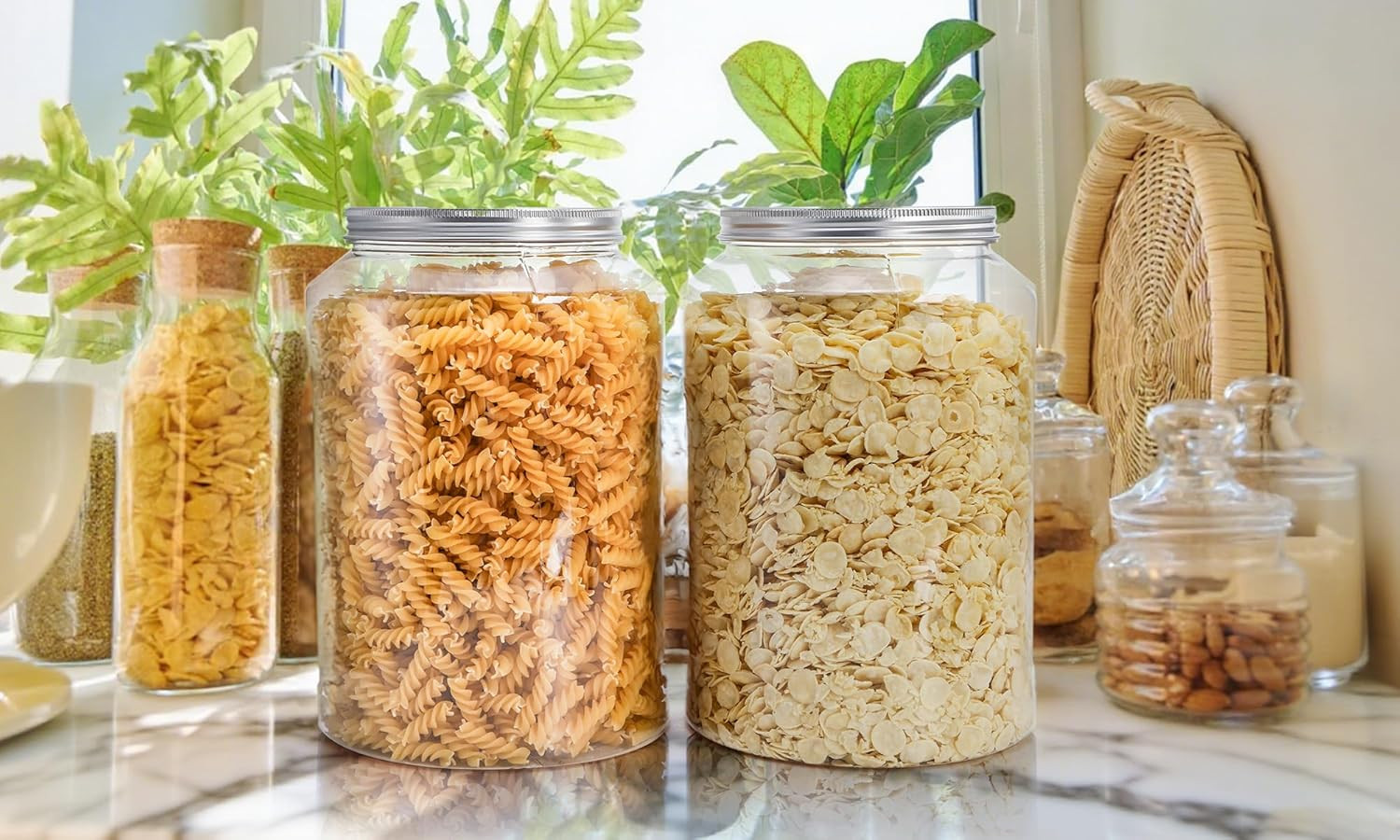 2 Pack 1 Gallon Extra Large Clear Plastic Jars 118 OZ Food Storage Container Lid