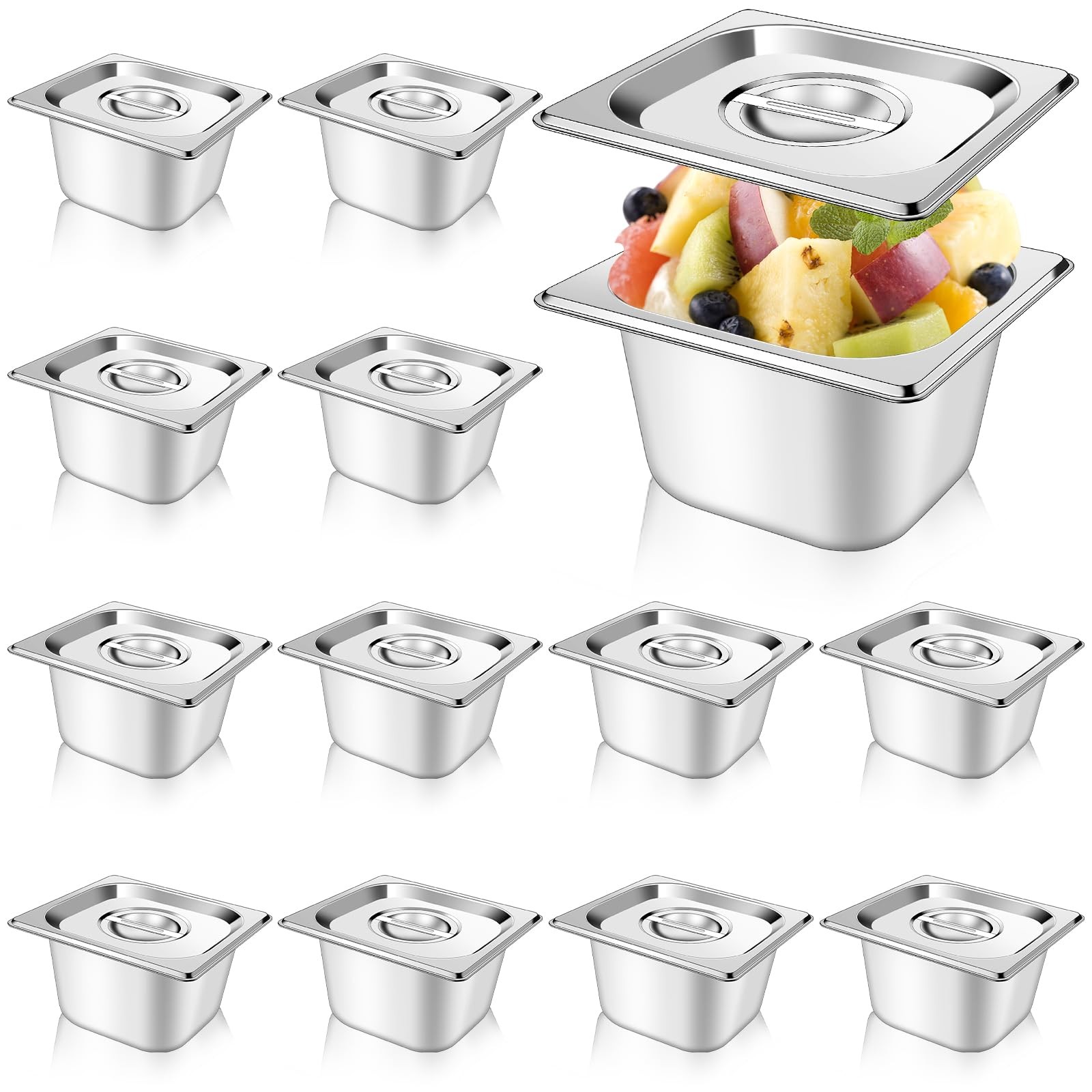 12 Set 1/6 Size Stainless Steel Hotel Pans with Lids 4″ Deep Steam Table Pan …