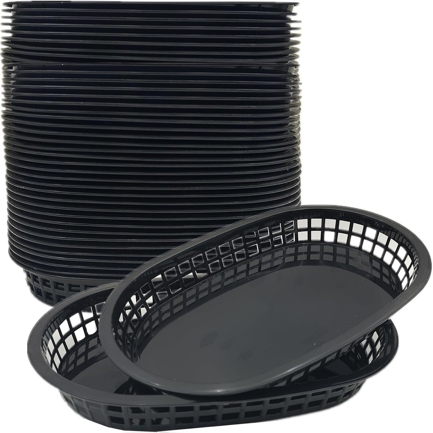 40 Pack Reusable Fast Food Baskets, 10.5×7 Inch Black Plastic Trays