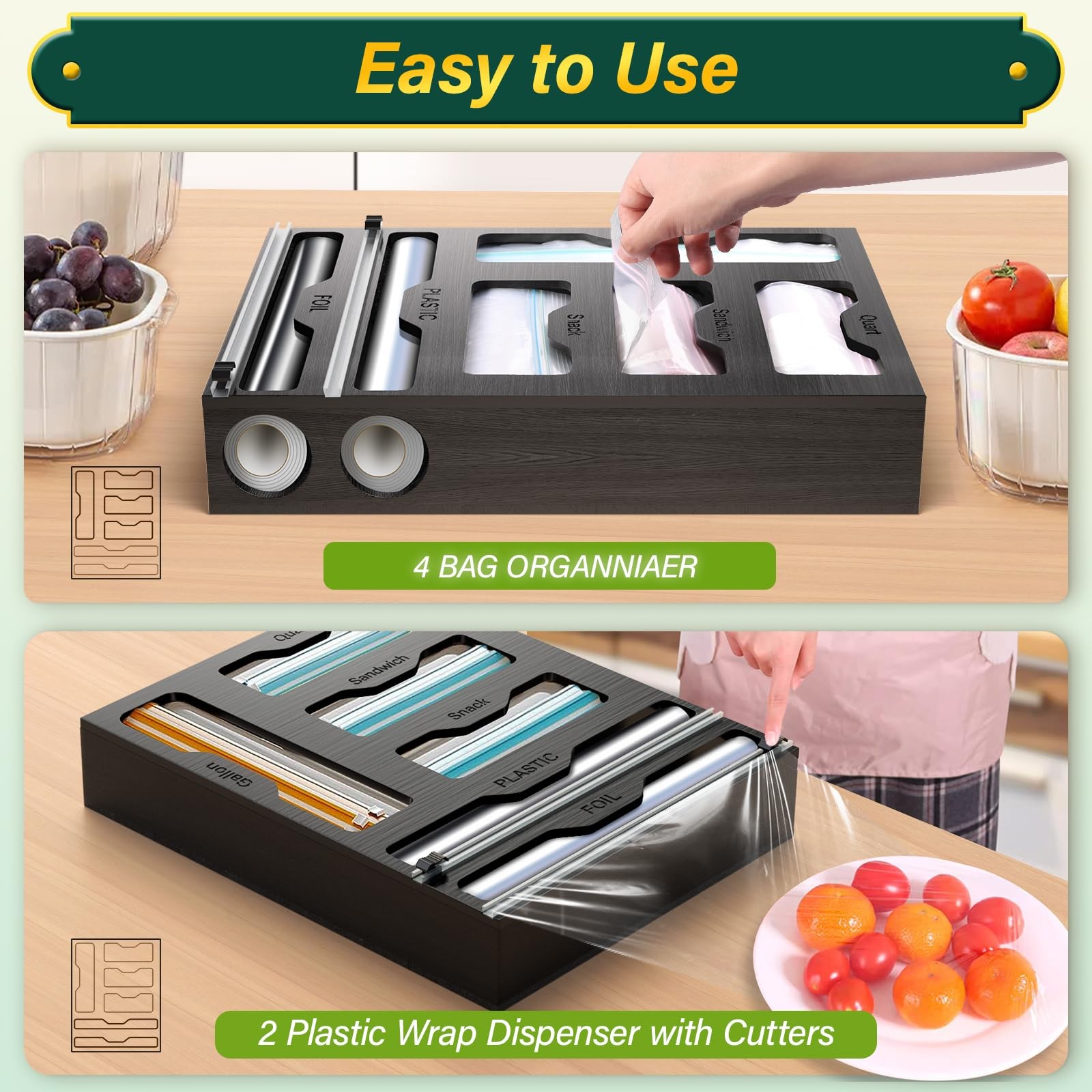 Bag Organizer & Plastic Wrap Dispenser with Cutter, 6 In 1 Foil & Plastic Wra…