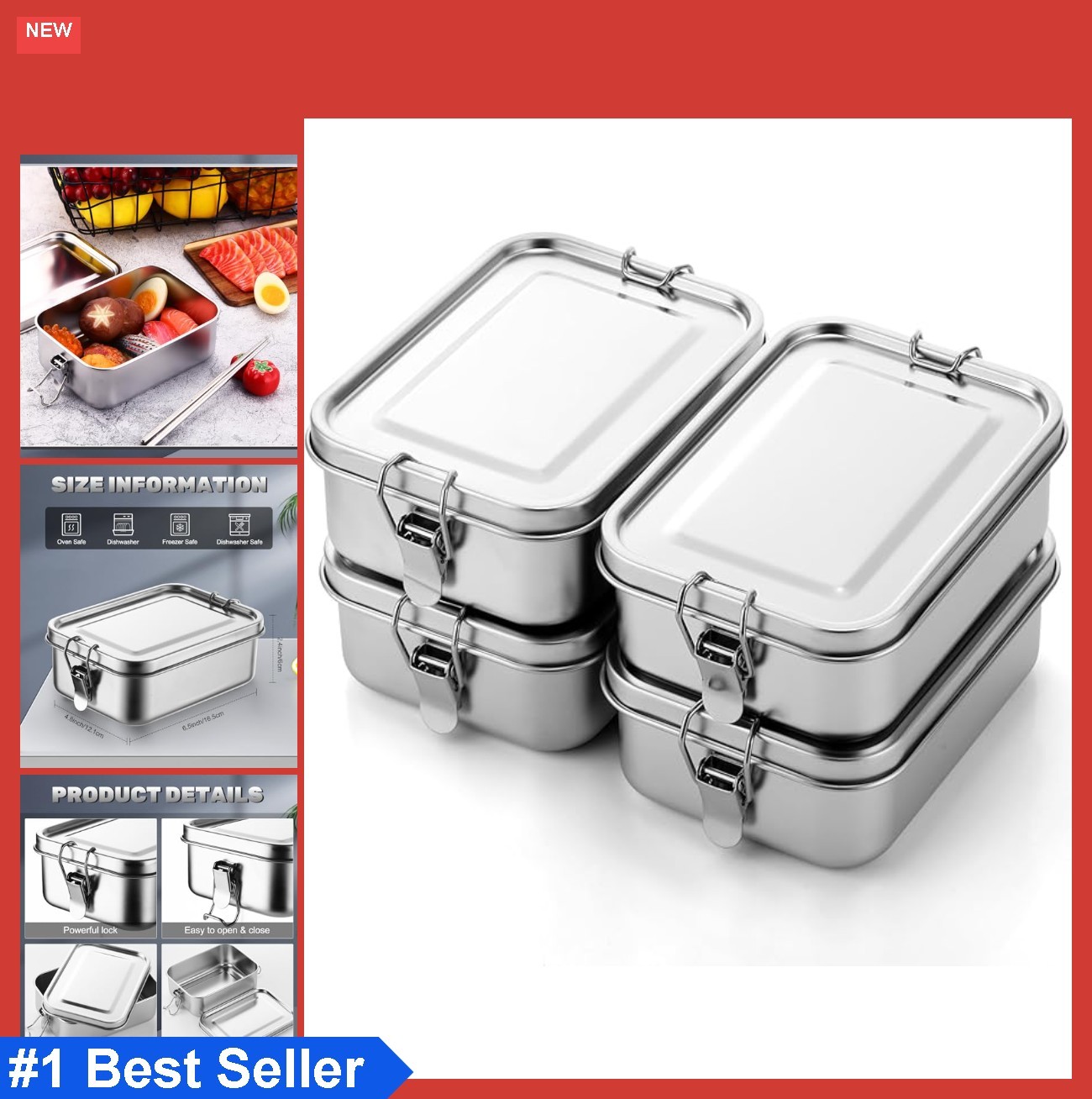 4 Pack Stainless Steel Food Containers Leak Proof Locking Clips Bento Lunch Box