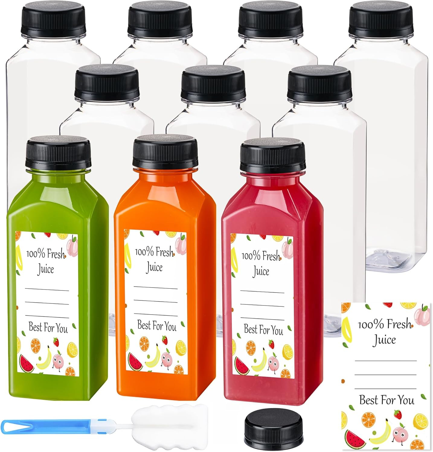 Juice Bottles with Caps 10Pcs 12Oz, Plastic Bottles with Caps, Clear